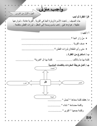 اقرأ الفقرة ثم أجب 
أ / أجب : 
جاء الصيف .. ذهبت الأسرة لزيارة الجدّ فى القرية . القرية هادئة ، شوارعها 
نظيفة ، هواؤها نقىّ . ذهب باسم وبسمة إلى الحقل ، لوزات القطن متفتحة . 
م ن زار الجد ؟ .....................................................................  
صف القرية . ......................................................................  
متى رأى الطفلان لوزات القطن ؟ .............................................  
ب / استخرج من الفقرة : 
كلمة بها مدّ بالألف ...................... كلمة بها ال "قمرية" ......................... 
جـ / أكمل خريطة المفردات بالكلمات المناسبة 
المضاد 
د / هات كلمة معناها " أجمل " ................... 
84 
وكلمة مضادها " شتاء " .................. 
وكلمة جمعها " القرى " ................... 
النوع 
المعنى ظل 
الجملة 
الجزء الأول من الدرس 
 