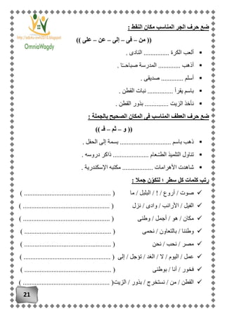 21
‫ض‬: ‫النقط‬ ‫مكان‬ ‫المناسب‬ ‫الجر‬ ‫حرف‬ ‫ع‬
‫من‬ ((–‫فى‬–‫إلى‬–‫عن‬–)) ‫على‬
. ‫النادى‬ ............... ‫الكرة‬ ‫ألعب‬
. ‫ا‬ً‫ـ‬‫صباحـ‬ ‫المدرسة‬ ............. ‫أذهب‬
. ‫صديقى‬ ............. ‫أسلم‬
. ‫القطن‬ ‫نبات‬ ............... ‫يقرأ‬ ‫باسم‬
. ‫القطن‬ ‫بذور‬ .............. ‫الزيت‬ ‫نأخذ‬
‫ا‬ ‫حرف‬ ‫ضع‬: ‫بالجملة‬ ‫الصحيح‬ ‫المكان‬ ‫فى‬ ‫المناسب‬ ‫لعطف‬
‫و‬ ((–‫ثم‬–)) ‫فـ‬
. ‫الحفل‬ ‫إلى‬ ‫بسمة‬ .............................. ‫باسم‬ ‫ذهب‬
. ‫دروسه‬ ‫ذاكر‬ ..................... ‫ـعام‬ّ‫ـ‬‫الط‬ ‫التلميذ‬ ‫تناول‬
. ‫اإلسكندرية‬ ‫مكتبه‬ .................. ‫األهرامات‬ ‫شاهدت‬
: ‫جمال‬ ‫ن‬ّ‫و‬‫لتك‬ ‫؛‬ ‫سطر‬ ‫كل‬ ‫كلمات‬ ‫رتب‬
‫ما‬ / ‫البلبل‬ / ! / ‫أروع‬ / ‫صوت‬................... (..........) ......................
...................... ( ‫نزل‬ / ‫وادى‬ / ‫األرانب‬ / ‫الفيل‬.......) ......................
‫وطنى‬ / ‫أجمل‬ / ‫هو‬ / ‫مكان‬) ................................................... (
‫نحمى‬ / ‫بالتعاون‬ / ‫وطننا‬......................... (.....) .....................
‫نحن‬ / ‫نحب‬ / ‫مصر‬............................. () ......................
‫ال‬ / ‫عمل‬‫إلى‬ / ‫تؤجل‬ / ‫الغد‬ / ‫ال‬ / ‫يوم‬. (...............................) ...................
‫بوطنى‬ / ‫أنا‬ / ‫فخور‬.......................... () .........................
‫الق‬‫الزيت‬ / ‫بذور‬ / ‫نستخرج‬ / ‫من‬ / ‫طن‬.................... (..................) .............
 