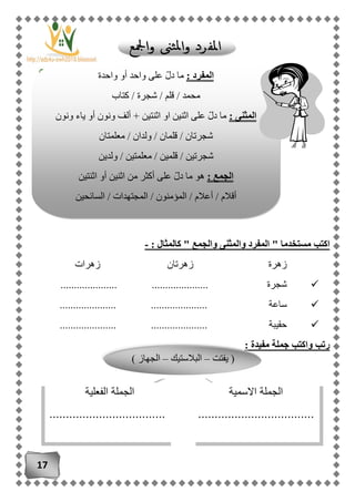 17
: ‫كالمثال‬ " ‫والجمع‬ ‫والمثنى‬ ‫المفرد‬ " ‫مستخدما‬ ‫اكتب‬-
‫زهرتان‬ ‫زهرة‬‫زهرات‬
..................... ..................... ‫شجرة‬
..................... ..................... ‫ساعة‬
..................... ‫حقيبة‬.....................
: ‫مفيدة‬ ‫جملة‬ ‫واكتب‬ ‫رتب‬
: ‫المفرد‬ّ‫ل‬‫د‬ ‫ما‬‫واحدة‬ ‫أو‬ ‫واحد‬ ‫على‬
‫كتاب‬ / ‫شجرة‬ / ‫قلم‬ / ‫محمد‬
: ‫المثنى‬‫ونون‬ ‫ياء‬ ‫أو‬ ‫ونون‬ ‫ألف‬ + ‫اثنتين‬ ‫او‬ ‫اثنين‬ ‫على‬ ّ‫ل‬‫د‬ ‫ما‬
‫معلمتان‬ / ‫ولدان‬ / ‫قلمان‬ / ‫شجرتان‬
‫ولدين‬ / ‫معلمتين‬ / ‫قلمين‬ / ‫شجرتين‬
: ‫الجمع‬‫اثنتين‬ ‫أو‬ ‫اثنين‬ ‫من‬ ‫أكثر‬ ‫على‬ ّ‫ل‬‫د‬ ‫ما‬ ‫هو‬
‫المجتهدا‬ / ‫المؤمنون‬ / ‫أعالم‬ / ‫أقالم‬‫السائحين‬ / ‫ت‬
‫يفتت‬ (–‫البالستيك‬–) ‫الجهاز‬
‫االسمية‬ ‫الجملة‬
...................................
‫الجملة‬‫الفعلية‬
...................................
 