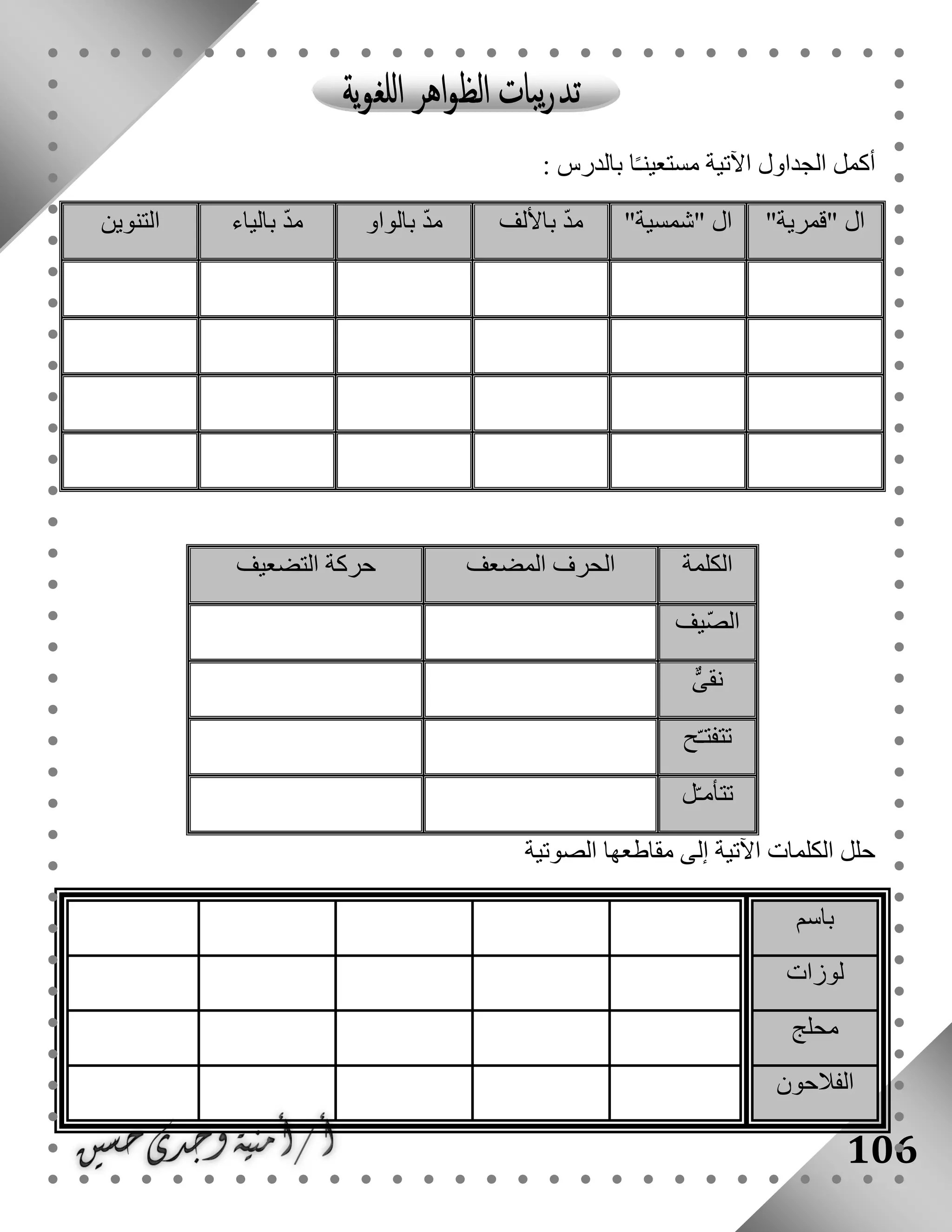 106
: ‫بالدرس‬ ‫ا‬ً‫ـ‬‫مستعين‬ ‫اآلتية‬ ‫الجداول‬ ‫أكمل‬
‫ال‬"‫"قمرية‬"‫"شمسية‬ ‫ال‬‫باأللف‬ ّ‫د‬‫م‬‫بالواو‬ ّ‫د‬‫م‬‫بالياء‬ ّ‫د‬‫م‬‫التنوين‬
‫الكلمة‬‫المضعف‬ ‫الحرف‬‫التضعيف‬ ‫حركة‬
‫ّيف‬‫ص‬‫ال‬
‫نقى‬
‫ح‬ّ‫ـ‬‫تتفت‬
‫ل‬ّ‫ـ‬‫تتأم‬
‫الصوتية‬ ‫مقاطعها‬ ‫إلى‬ ‫اآلتية‬ ‫الكلمات‬ ‫حلل‬
‫باسم‬
‫لوزات‬
‫محلج‬
‫الفالحون‬
 