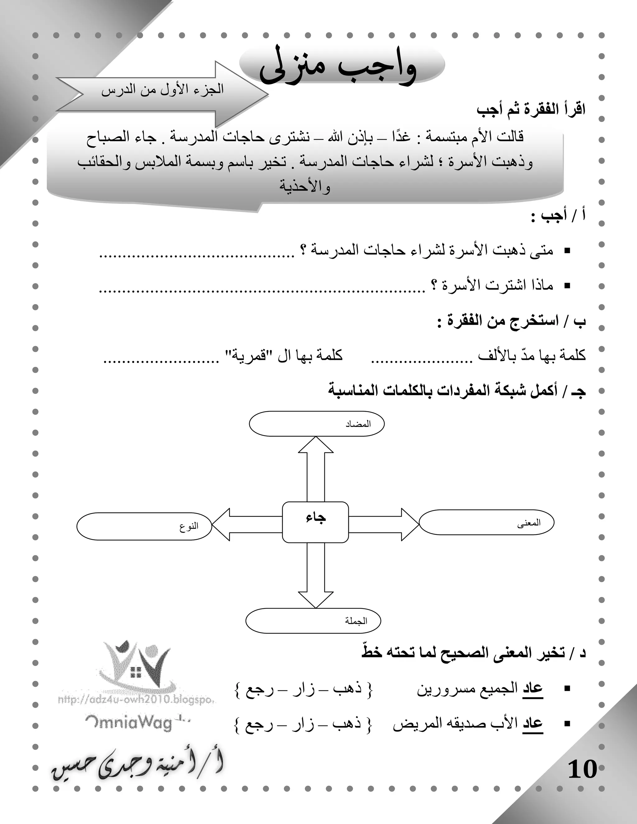 10
‫أجب‬ ‫ثم‬ ‫الفقرة‬ ‫اقرأ‬
: ‫أجب‬ / ‫أ‬
.. ‫؟‬ ‫المدرسة‬ ‫حاجات‬ ‫لشراء‬ ‫األسرة‬ ‫ذهبت‬ ‫متى‬........................................
...................................................................... ‫؟‬ ‫األسرة‬ ‫اشترت‬ ‫ماذا‬
: ‫الفقرة‬ ‫من‬ ‫استخرج‬ / ‫ب‬
......................... "‫"قمرية‬ ‫ال‬ ‫بها‬ ‫كلمة‬ ...................... ‫باأللف‬ ّ‫د‬‫م‬ ‫بها‬ ‫كلمة‬
‫أ‬ / ‫جـ‬‫المناسبة‬ ‫بالكلمات‬ ‫المفردات‬ ‫شبكة‬ ‫كمل‬
ّ‫ط‬‫خ‬ ‫تحته‬ ‫لما‬ ‫الصحيح‬ ‫المعنى‬ ‫تخير‬ / ‫د‬
‫عاد‬‫ذهب‬ { ‫مسرورين‬ ‫الجميع‬–‫زار‬–} ‫رجع‬
‫عاد‬‫ذهب‬ { ‫المريض‬ ‫صديقه‬ ‫األب‬–‫زار‬–} ‫رجع‬
‫النوع‬
‫جاء‬ ‫المعنى‬
‫الجملة‬
‫المضاد‬
‫ا‬ً‫د‬‫غ‬ : ‫مبتسمة‬ ‫األم‬ ‫قالت‬–‫هللا‬ ‫بإذن‬–‫حاجات‬ ‫نشترى‬‫الصباح‬ ‫جاء‬ . ‫المدرسة‬
‫والحقائب‬ ‫المالبس‬ ‫وبسمة‬ ‫باسم‬ ‫تخير‬ . ‫المدرسة‬ ‫حاجات‬ ‫لشراء‬ ‫؛‬ ‫األسرة‬ ‫وذهبت‬
‫واألحذية‬
‫الدرس‬ ‫من‬ ‫األول‬ ‫الجزء‬
 