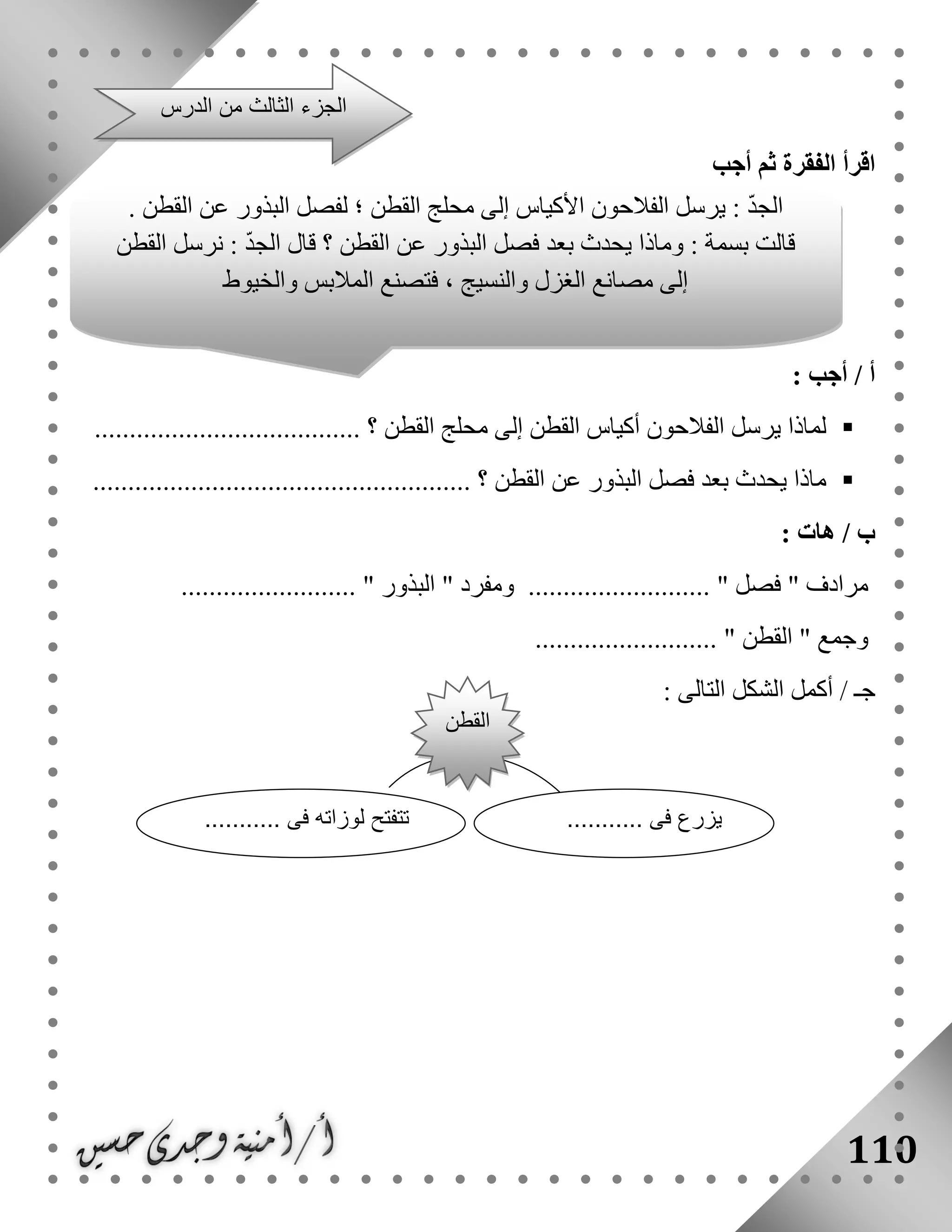 110
‫أجب‬ ‫ثم‬ ‫الفقرة‬ ‫اقرأ‬
: ‫أجب‬ / ‫أ‬
‫القطن‬ ‫محلج‬ ‫إلى‬ ‫القطن‬ ‫أكياس‬ ‫الفالحون‬ ‫يرسل‬ ‫لماذا‬.......... ‫؟‬............................
‫ماذا‬‫يحد‬‫القطن‬ ‫عن‬ ‫البذور‬ ‫فصل‬ ‫بعد‬ ‫ث‬...................................................... ‫؟‬
/ ‫ب‬‫هات‬:
‫مرادف‬"‫فصل‬.. "‫ومفرد‬ ........................"‫البذور‬......................... "
‫و‬‫جمع‬"‫القطن‬....................... "...
/ ‫جـ‬: ‫التالى‬ ‫الشكل‬ ‫أكمل‬
‫الدرس‬ ‫من‬ ‫الثالث‬ ‫الجزء‬
‫القطن‬ ‫عن‬ ‫البذور‬ ‫لفصل‬ ‫؛‬ ‫القطن‬ ‫محلج‬ ‫إلى‬ ‫األكياس‬ ‫الفالحون‬ ‫يرسل‬ : ّ‫د‬‫الج‬.
‫القطن‬ ‫نرسل‬ : ّ‫د‬‫الج‬ ‫قال‬ ‫؟‬ ‫القطن‬ ‫عن‬ ‫البذور‬ ‫فصل‬ ‫بعد‬ ‫يحدث‬ ‫وماذا‬ : ‫بسمة‬ ‫قالت‬
‫والخيوط‬ ‫المالبس‬ ‫فتصنع‬ ، ‫والنسيج‬ ‫الغزل‬ ‫مصانع‬ ‫إلى‬
........... ‫فى‬ ‫يزرع‬........... ‫فى‬ ‫لوزاته‬ ‫تتفتح‬
‫القطن‬
 