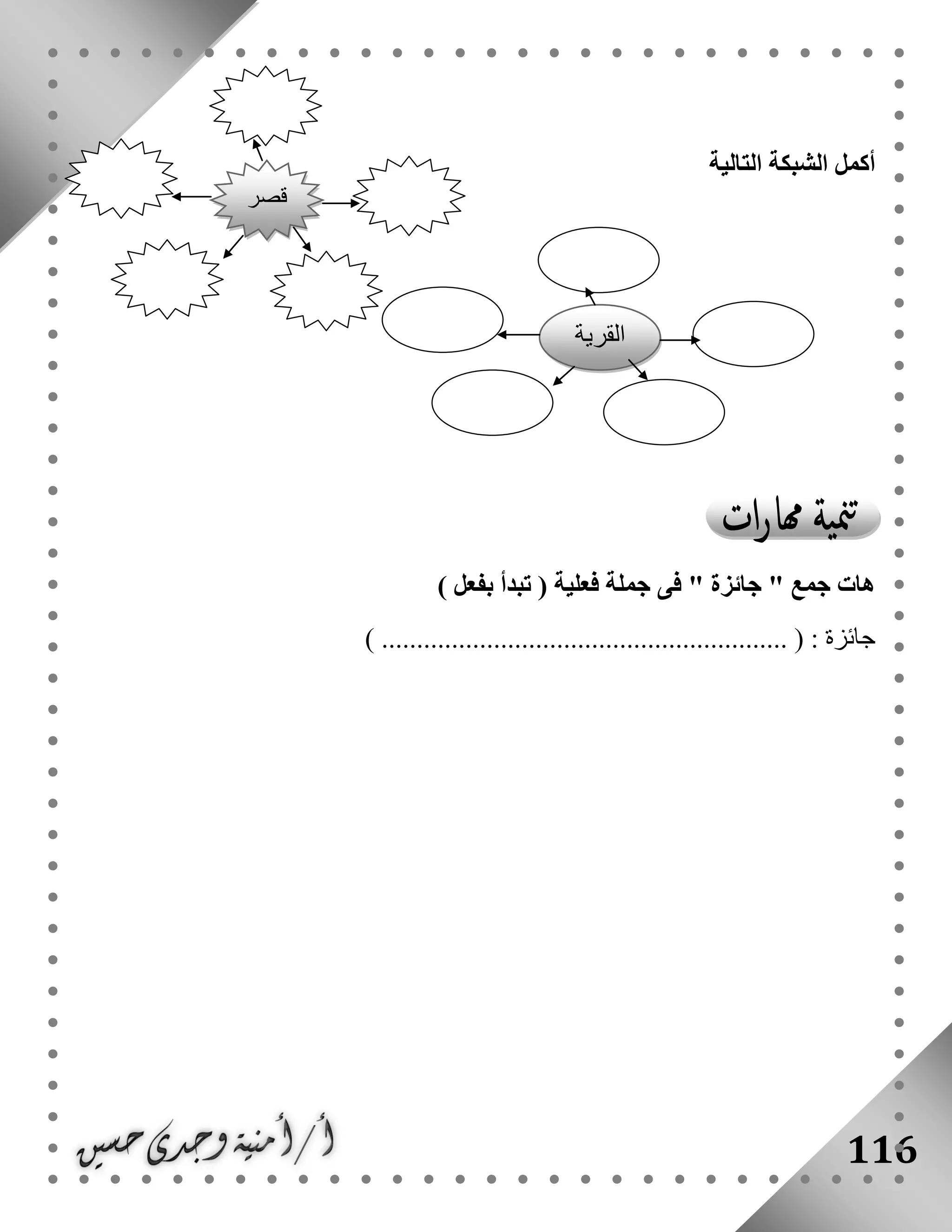 116
‫أكمل‬‫التالية‬ ‫الشبكة‬
‫جائزة‬ " ‫جمع‬ ‫هات‬‫جملة‬ ‫فى‬ ") ‫بفعل‬ ‫تبدأ‬ ( ‫فعلية‬
‫ج‬‫ائزة‬) .......................................................... ( :
‫قصر‬
‫القرية‬
 