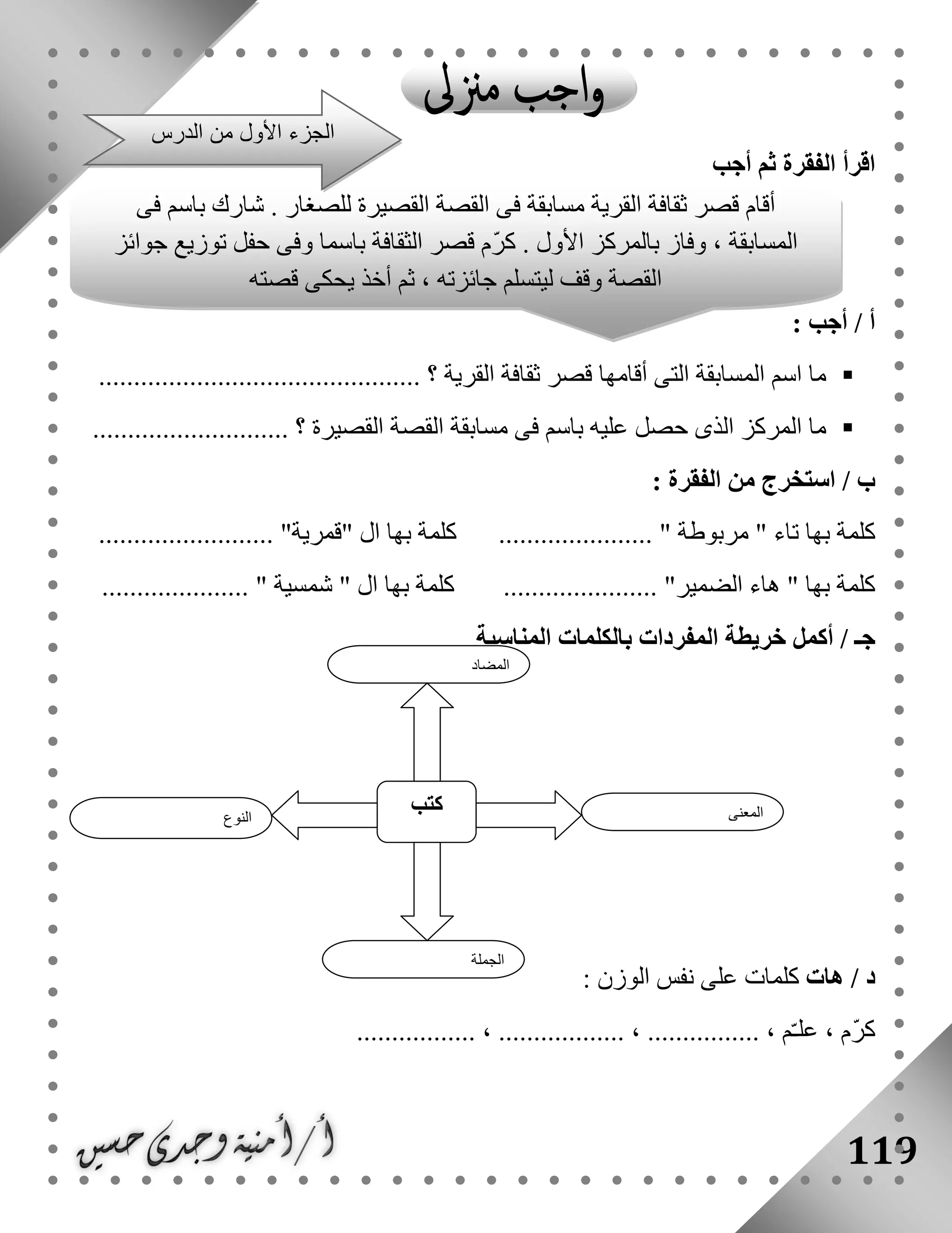 119
‫أجب‬ ‫ثم‬ ‫الفقرة‬ ‫اقرأ‬
: ‫أجب‬ / ‫أ‬
‫القرية‬ ‫ثقافة‬ ‫قصر‬ ‫أقامها‬ ‫التى‬ ‫المسابقة‬ ‫اسم‬ ‫ما‬‫؟‬..............................................
‫؟‬ ‫القصيرة‬ ‫القصة‬ ‫مسابقة‬ ‫فى‬ ‫باسم‬ ‫عليه‬ ‫حصل‬ ‫الذى‬ ‫المركز‬ ‫ما‬............................
: ‫الفقرة‬ ‫من‬ ‫استخرج‬ / ‫ب‬
‫بها‬ ‫كلمة‬" ‫مربوطة‬ " ‫تاء‬......................... "‫"قمرية‬ ‫ال‬ ‫بها‬ ‫كلمة‬ ......................
..................... " ‫شمسية‬ " ‫ال‬ ‫بها‬ ‫كلمة‬ ...................... "‫الضمير‬ ‫هاء‬ " ‫بها‬ ‫كلمة‬
‫أكمل‬ / ‫جـ‬‫خريطة‬‫ا‬ ‫بالكلمات‬ ‫المفردات‬‫لمناسبة‬
‫هات‬ / ‫د‬: ‫الوزن‬ ‫نفس‬ ‫على‬ ‫كلمات‬
................. ، .................. ، ................ ، ‫م‬ّ‫ـ‬‫عل‬ ، ‫ّم‬‫ر‬‫ك‬
‫النوع‬
‫كتب‬ ‫المعنى‬
‫الجملة‬
‫المضاد‬
‫أق‬‫فى‬ ‫باسم‬ ‫شارك‬ . ‫للصغار‬ ‫القصيرة‬ ‫القصة‬ ‫فى‬ ‫مسابقة‬ ‫القرية‬ ‫ثقافة‬ ‫قصر‬ ‫ام‬
‫جوائز‬ ‫توزيع‬ ‫حفل‬ ‫وفى‬ ‫باسما‬ ‫الثقافة‬ ‫قصر‬ ‫ّم‬‫ر‬‫ك‬ . ‫األول‬ ‫بالمركز‬ ‫وفاز‬ ، ‫المسابقة‬
‫قصته‬ ‫يحكى‬ ‫أخذ‬ ‫ثم‬ ، ‫جائزته‬ ‫ليتسلم‬ ‫وقف‬ ‫القصة‬
‫الدرس‬ ‫من‬ ‫األول‬ ‫الجزء‬
 
