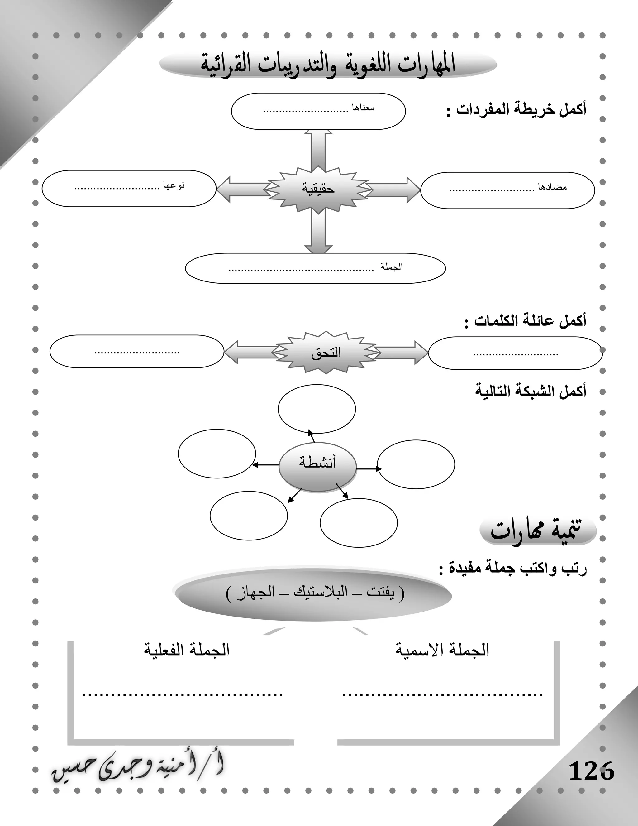 126
: ‫المفردات‬ ‫خريطة‬ ‫أكمل‬
: ‫الكلمات‬ ‫عائلة‬ ‫أكمل‬
‫أكمل‬‫ال‬‫التالية‬ ‫شبكة‬
: ‫مفيدة‬ ‫جملة‬ ‫واكتب‬ ‫رتب‬
‫حقيقية‬
........................... ‫معناها‬
........................... ‫مضادها‬........................... ‫نوعها‬
.............................................. ‫الجملة‬
‫أنشطة‬
...................................................... ‫التحق‬
‫يفتت‬ (–‫البالستيك‬–) ‫الجهاز‬
‫االسمية‬ ‫الجملة‬
...................................
‫الجملة‬‫الفعلية‬
...................................
 