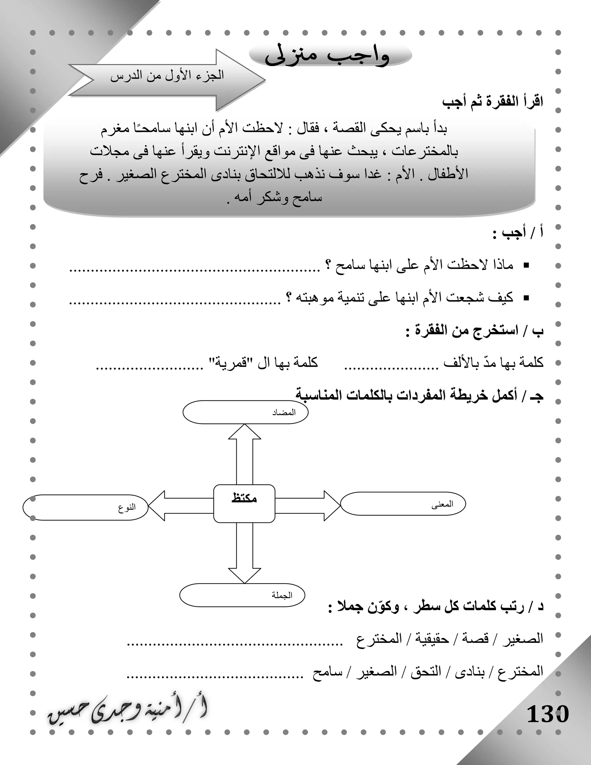 130
‫الفقر‬ ‫اقرأ‬‫أجب‬ ‫ثم‬ ‫ة‬
: ‫أجب‬ / ‫أ‬
‫سامح‬ ‫ابنها‬ ‫على‬ ‫األم‬ ‫الحظت‬ ‫ماذا‬‫؟‬..........................................................
‫؟‬ ‫موهبته‬ ‫تنمية‬ ‫على‬ ‫ابنها‬ ‫األم‬ ‫شجعت‬ ‫كيف‬.................................................
: ‫الفقرة‬ ‫من‬ ‫استخرج‬ / ‫ب‬
....... ‫باأللف‬ ّ‫د‬‫م‬ ‫بها‬ ‫كلمة‬......................... "‫"قمرية‬ ‫ال‬ ‫بها‬ ‫كلمة‬ ...............
‫أكمل‬ / ‫جـ‬‫خريطة‬‫المناسبة‬ ‫بالكلمات‬ ‫المفردات‬
/ ‫د‬: ‫جمال‬ ‫ن‬ّ‫و‬‫وك‬ ، ‫سطر‬ ‫كل‬ ‫كلمات‬ ‫رتب‬
.................................................. ‫المخترع‬ / ‫حقيقية‬ / ‫قصة‬ / ‫الصغير‬
‫المخترع‬‫بنادى‬ /......................................... ‫سامح‬ / ‫الصغير‬ / ‫التحق‬ /
‫النوع‬
‫مكتظ‬ ‫المع‬‫نى‬
‫الجملة‬
‫المضاد‬
‫مغرم‬ ‫ا‬ً‫ـ‬‫سامح‬ ‫ابنها‬ ‫أن‬ ‫األم‬ ‫الحظت‬ : ‫فقال‬ ، ‫القصة‬ ‫يحكى‬ ‫باسم‬ ‫بدأ‬
‫مجالت‬ ‫فى‬ ‫عنها‬ ‫ويقرأ‬ ‫اإلنترنت‬ ‫مواقع‬ ‫فى‬ ‫عنها‬ ‫يبحث‬ ، ‫بالمخترعات‬
‫فرح‬ . ‫الصغير‬ ‫المخترع‬ ‫بنادى‬ ‫لاللتحاق‬ ‫نذهب‬ ‫سوف‬ ‫غدا‬ : ‫األم‬ . ‫األطفال‬
. ‫أمه‬ ‫وشكر‬ ‫سامح‬
‫الدرس‬ ‫من‬ ‫األول‬ ‫الجزء‬
 