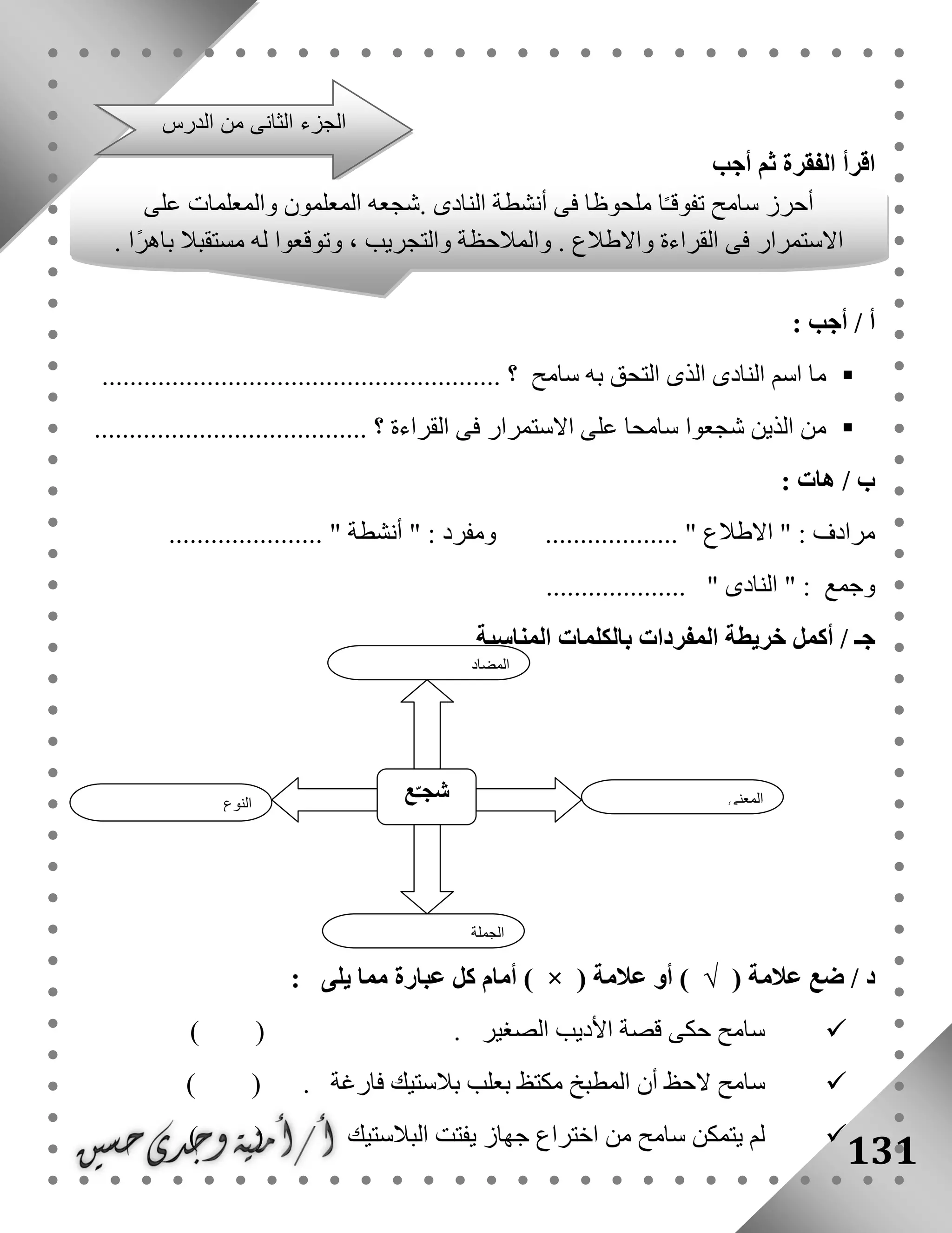 131
‫أجب‬ ‫ثم‬ ‫الفقرة‬ ‫اقرأ‬
: ‫أجب‬ / ‫أ‬
‫سامح‬ ‫به‬ ‫التحق‬ ‫الذى‬ ‫النادى‬ ‫اسم‬ ‫ما‬........................ ‫؟‬.................................
......... ‫؟‬ ‫القراءة‬ ‫فى‬ ‫االستمرار‬ ‫على‬ ‫سامحا‬ ‫شجعوا‬ ‫الذين‬ ‫من‬..............................
/ ‫ب‬‫هات‬:
...................... " ‫أنشطة‬ " : ‫ومفرد‬ ................... " ‫االطالع‬ " : ‫مرادف‬
.................... " ‫النادى‬ " : ‫وجمع‬
‫خريطة‬ ‫أكمل‬ / ‫جـ‬‫المناسبة‬ ‫بالكلمات‬ ‫المفردات‬
/ ‫د‬( ‫عالمة‬ ‫ضع‬√( ‫عالمة‬ ‫أو‬ )×)‫يلى‬ ‫مما‬ ‫عبارة‬ ‫كل‬ ‫أمام‬:
‫الصغير‬ ‫األديب‬ ‫قصة‬ ‫حكى‬ ‫سامح‬.()
. ‫فارغة‬ ‫بالستيك‬ ‫بعلب‬ ‫مكتظ‬ ‫المطبخ‬ ‫أن‬ ‫الحظ‬ ‫سامح‬) (
‫البالستيك‬ ‫يفتت‬ ‫جهاز‬ ‫اختراع‬ ‫من‬ ‫سامح‬ ‫يتمكن‬ ‫لم‬) (
‫الدرس‬ ‫من‬ ‫الثانى‬ ‫الجزء‬
‫النوع‬
‫ع‬ّ‫شجـ‬ ‫المعنى‬
‫الجملة‬
‫المضاد‬
‫على‬ ‫والمعلمات‬ ‫المعلمون‬ ‫.شجعه‬ ‫النادى‬ ‫أنشطة‬ ‫فى‬ ‫ملحوظا‬ ‫ا‬ً‫ـ‬‫تفوق‬ ‫سامح‬ ‫أحرز‬
. ‫ًا‬‫ر‬‫باه‬ ‫مستقبال‬ ‫له‬ ‫وتوقعوا‬ ، ‫والتجريب‬ ‫والمالحظة‬ . ‫واالطالع‬ ‫القراءة‬ ‫فى‬ ‫االستمرار‬
 