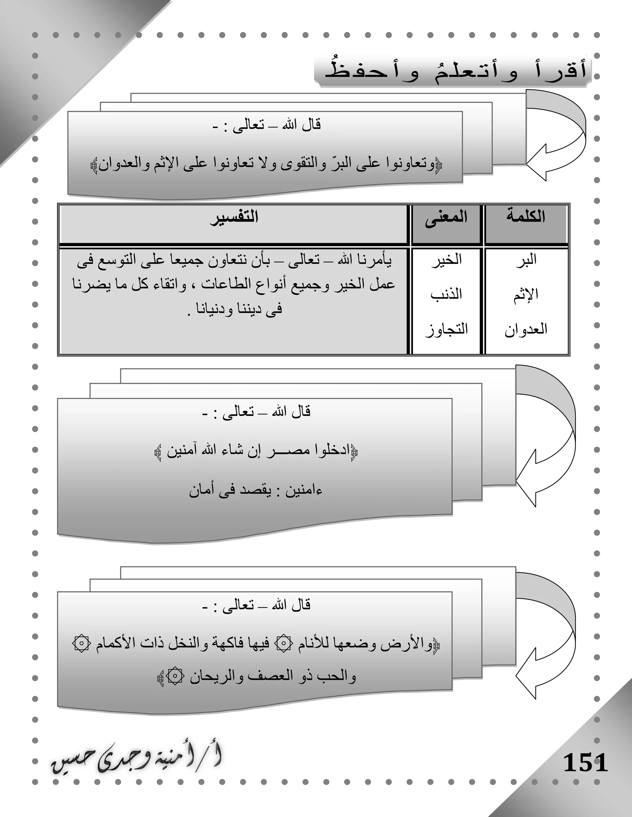 151
‫الكلمة‬‫المعنى‬‫التفسير‬
‫البر‬
‫اإلثم‬
‫العدوان‬
‫الخير‬
‫الذنب‬
‫التجاوز‬
‫هللا‬ ‫يأمرنا‬–‫تعالى‬–‫فى‬ ‫التوسع‬ ‫على‬ ‫جميعا‬ ‫نتعاون‬ ‫بأن‬
‫يضرنا‬ ‫ما‬ ‫كل‬ ‫واتقاء‬ ، ‫الطاعات‬ ‫أنواع‬ ‫وجميع‬ ‫الخير‬ ‫عمل‬
. ‫ودنيانا‬ ‫ديننا‬ ‫فى‬
‫هللا‬ ‫قال‬–: ‫تعالى‬-
﴿‫والعدوان‬ ‫اإلثم‬ ‫على‬ ‫تعاونوا‬ ‫وال‬ ‫والتقوى‬ ّ‫ر‬‫الب‬ ‫على‬ ‫وتعاونوا‬﴾
‫هللا‬ ‫قال‬–: ‫تعالى‬-
﴿‫آمنين‬ ‫هللا‬ ‫شاء‬ ‫إن‬ ‫مصـــر‬ ‫ادخلوا‬﴾
‫أمان‬ ‫فى‬ ‫يقصد‬ : ‫ءامنين‬
‫هللا‬ ‫قال‬–: ‫تعالى‬-
﴿۞ ‫لألنام‬ ‫وضعها‬ ‫واألرض‬۞ ‫األكمام‬ ‫ذات‬ ‫والنخل‬ ‫فاكهة‬ ‫فيها‬
۞ ‫والريحان‬ ‫العصف‬ ‫ذو‬ ‫والحب‬﴾
 