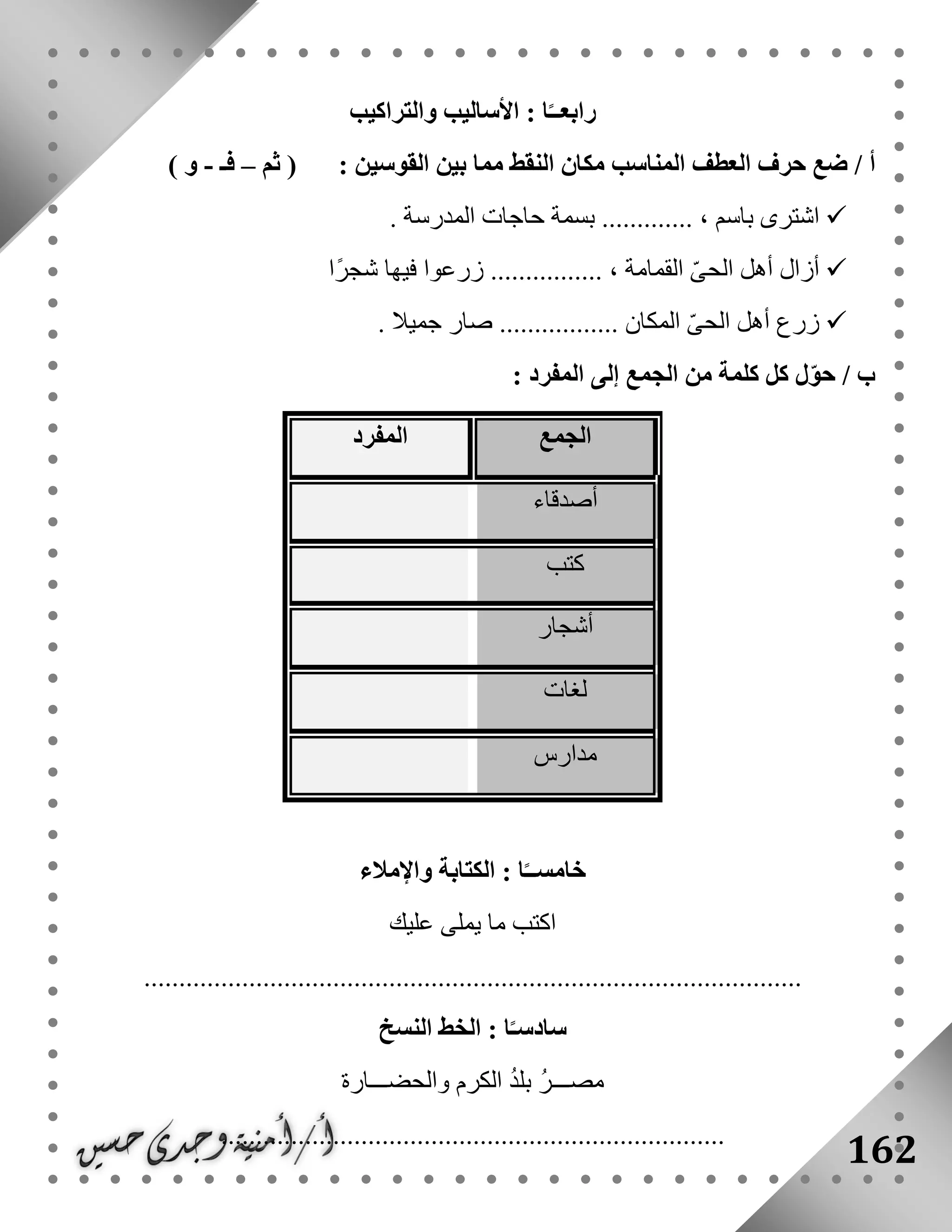 162
‫والتراكيب‬ ‫األساليب‬ : ‫ا‬ً‫رابعــ‬
‫حرف‬ ‫ضع‬ / ‫أ‬‫العطف‬: ‫القوسين‬ ‫بين‬ ‫مما‬ ‫النقط‬ ‫مكان‬ ‫المناسب‬(‫ثم‬–‫فـ‬-‫و‬)
. ‫المدرسة‬ ‫حاجات‬ ‫بسمة‬ ............. ، ‫باسم‬ ‫اشترى‬
.... ، ‫القمامة‬ ّ‫ى‬‫الح‬ ‫أهل‬ ‫أزال‬‫ًا‬‫ر‬‫شج‬ ‫فيها‬ ‫زرعوا‬ ............
. ‫جميال‬ ‫صار‬ ................. ‫المكان‬ ّ‫ى‬‫الح‬ ‫أهل‬ ‫زرع‬
/ ‫ب‬‫المفرد‬ ‫إلى‬ ‫الجمع‬ ‫من‬ ‫كلمة‬ ‫كل‬ ‫ل‬ّ‫و‬‫ح‬:
‫الجمع‬‫المفرد‬
‫أصدقاء‬
‫كتب‬
‫أشجار‬
‫لغات‬
‫مدارس‬
‫واإلمالء‬ ‫الكتابة‬ : ‫ا‬ً‫خامســ‬
‫عليك‬ ‫يملى‬ ‫ما‬ ‫اكتب‬
..............................................................................................
‫النسخ‬ ‫الخط‬ : ‫ا‬ً‫سادسـ‬
‫والحضـــارة‬ ‫الكرم‬ ‫بلد‬ ‫مصـــر‬
........................................................................
 