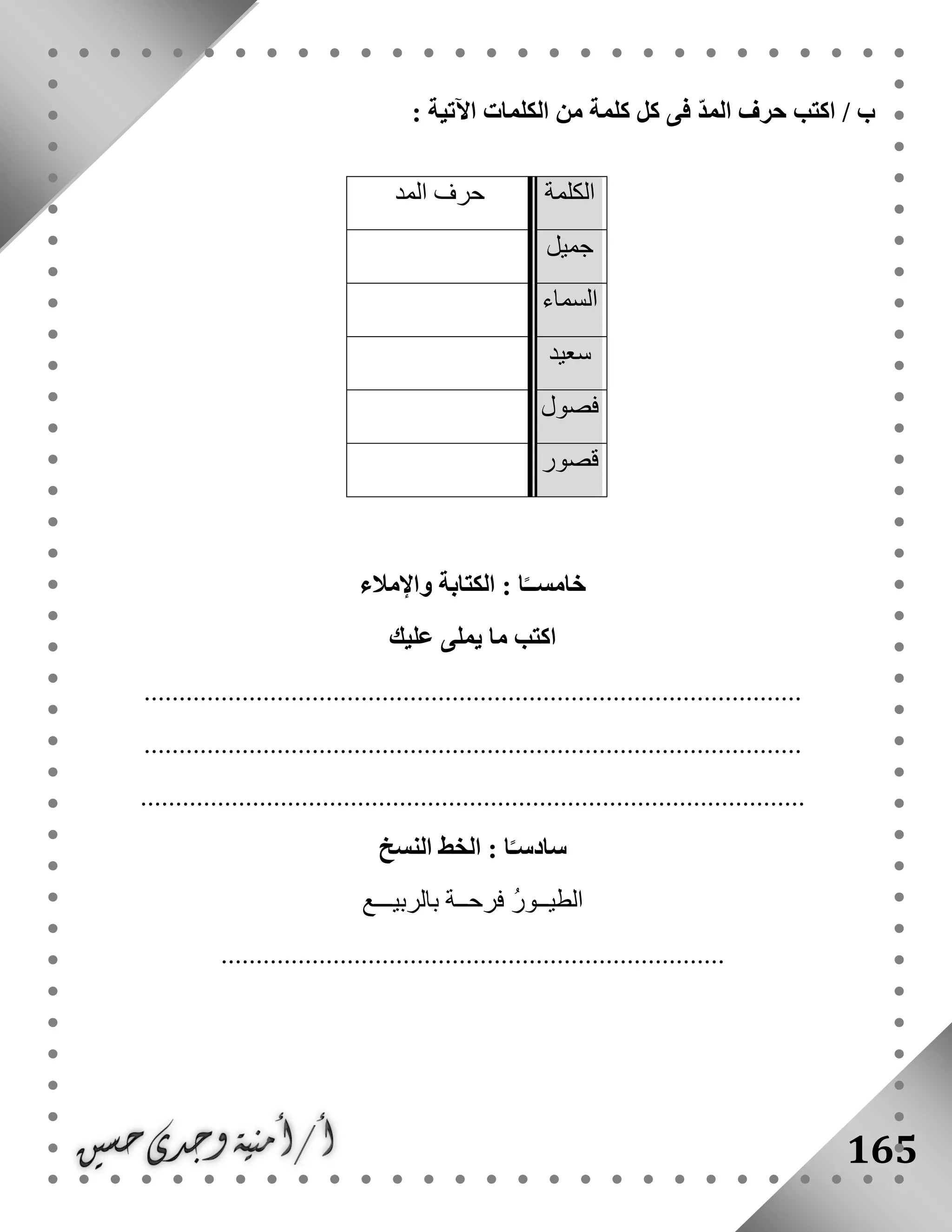 165
: ‫اآلتية‬ ‫الكلمات‬ ‫من‬ ‫كلمة‬ ‫كل‬ ‫فى‬ ّ‫د‬‫الم‬ ‫حرف‬ ‫اكتب‬ / ‫ب‬
‫واإلمالء‬ ‫الكتابة‬ : ‫ا‬ً‫خامســ‬
‫عليك‬ ‫يملى‬ ‫ما‬ ‫اكتب‬
..............................................................................................
..............................................................................................
...............................................................................................
‫النسخ‬ ‫الخط‬ : ‫ا‬ً‫سادسـ‬
‫بالربيـــع‬ ‫فرحــة‬ ‫الطيــور‬
........................................................................
‫ا‬‫لكلمة‬‫المد‬ ‫حرف‬
‫جميل‬
‫السماء‬
‫سعيد‬
‫فصول‬
‫قصور‬
 