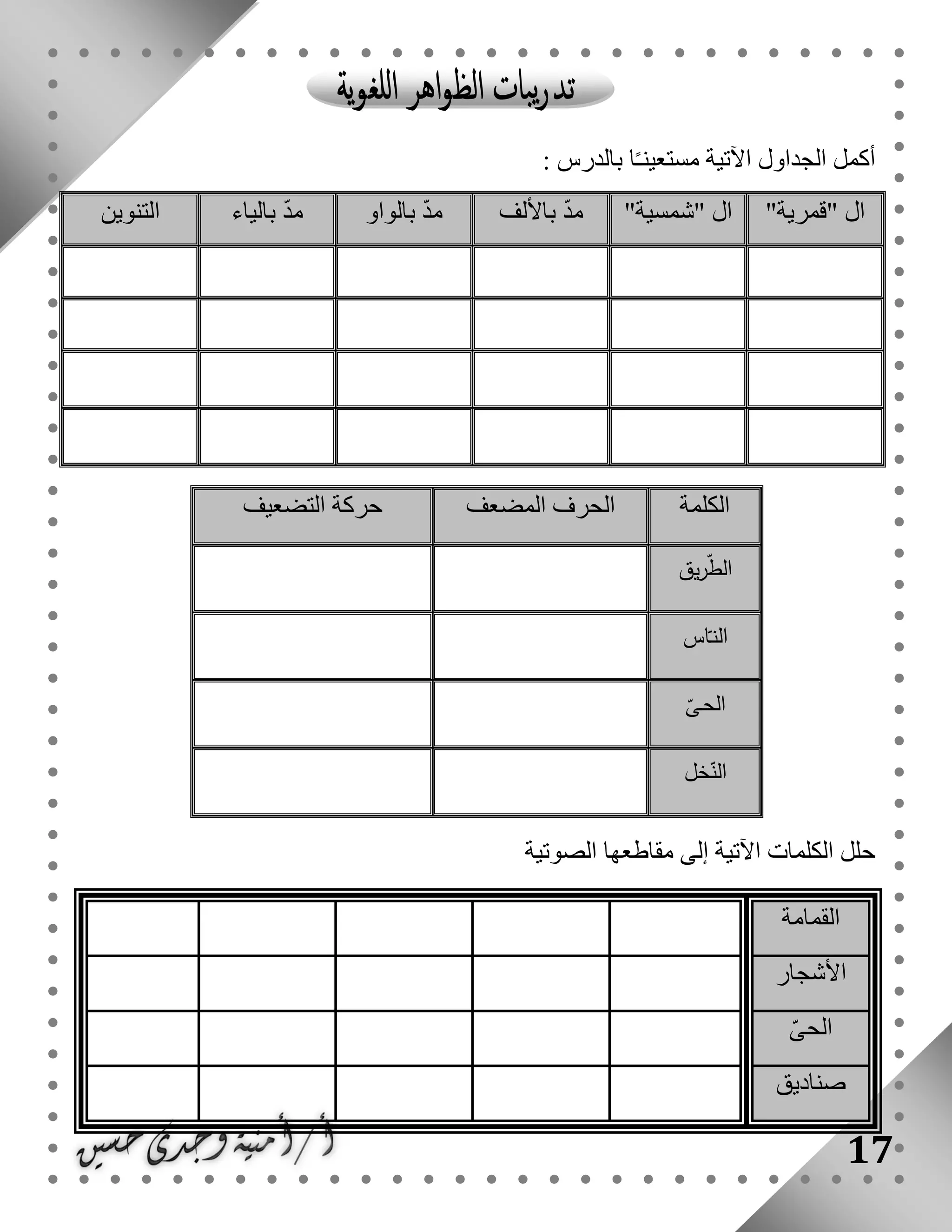 17
: ‫بالدرس‬ ‫ا‬ً‫ـ‬‫مستعين‬ ‫اآلتية‬ ‫الجداول‬ ‫أكمل‬
"‫"قمرية‬ ‫ال‬" ‫ال‬"‫شمسية‬‫باأللف‬ ّ‫د‬‫م‬‫بالواو‬ ّ‫د‬‫م‬‫بالياء‬ ّ‫د‬‫م‬‫التنوين‬
‫الصوتية‬ ‫مقاطعها‬ ‫إلى‬ ‫اآلتية‬ ‫الكلمات‬ ‫حلل‬
‫القمامة‬
‫األشجار‬
ّ‫ى‬‫الح‬
‫صناديق‬
‫الكلمة‬‫المضعف‬ ‫الحرف‬‫التضعيف‬ ‫حركة‬
‫يق‬‫ر‬ّ‫ط‬‫ال‬
‫اس‬ّ‫ـ‬‫ن‬‫ال‬
ّ‫ـى‬‫ح‬‫ال‬
‫خل‬ّ‫الن‬
 