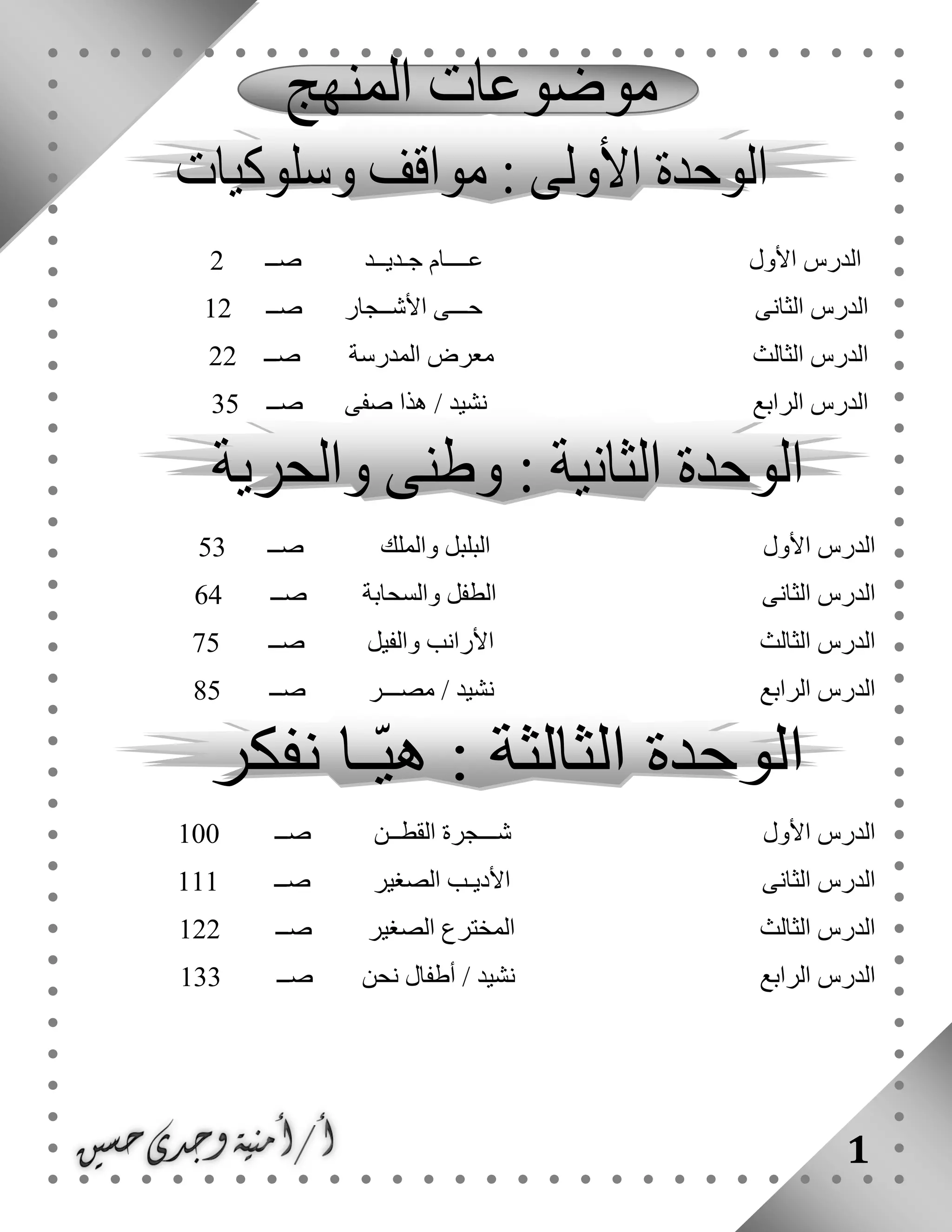 1
‫األول‬ ‫الدرس‬‫ع‬‫ــــ‬‫ج‬ ‫ام‬‫ـ‬‫دي‬‫ــ‬‫د‬‫صــ‬2
‫ح‬ ‫الثانى‬ ‫الدرس‬‫ـــ‬‫األش‬ ‫ى‬‫ــ‬‫جار‬‫صــ‬22
‫المدرسة‬ ‫معرض‬ ‫الثالث‬ ‫الدرس‬‫صــ‬22
‫الرابع‬ ‫الدرس‬‫صفى‬ ‫هذا‬ / ‫نشيد‬‫صــ‬53
‫األول‬ ‫الدرس‬‫والملك‬ ‫البلبل‬‫صــ‬35
‫الثانى‬ ‫الدرس‬‫والسحابة‬ ‫الطفل‬‫صــ‬46
‫الثالث‬ ‫الدرس‬‫والفيل‬ ‫األرانب‬‫صــ‬53
‫الرابع‬ ‫الدرس‬‫مصـــر‬ / ‫نشيد‬‫صــ‬53
‫األول‬ ‫الدرس‬‫ش‬‫ـــ‬‫القط‬ ‫جرة‬‫ــ‬‫ن‬‫صــ‬211
‫الثانى‬ ‫الدرس‬‫األدي‬‫ـ‬‫الصغير‬ ‫ب‬‫صــ‬222
‫الثالث‬ ‫الدرس‬‫الصغير‬ ‫المخترع‬‫صــ‬222
‫الرابع‬ ‫الدرس‬‫نحن‬ ‫أطفال‬ / ‫نشيد‬‫صــ‬255
 