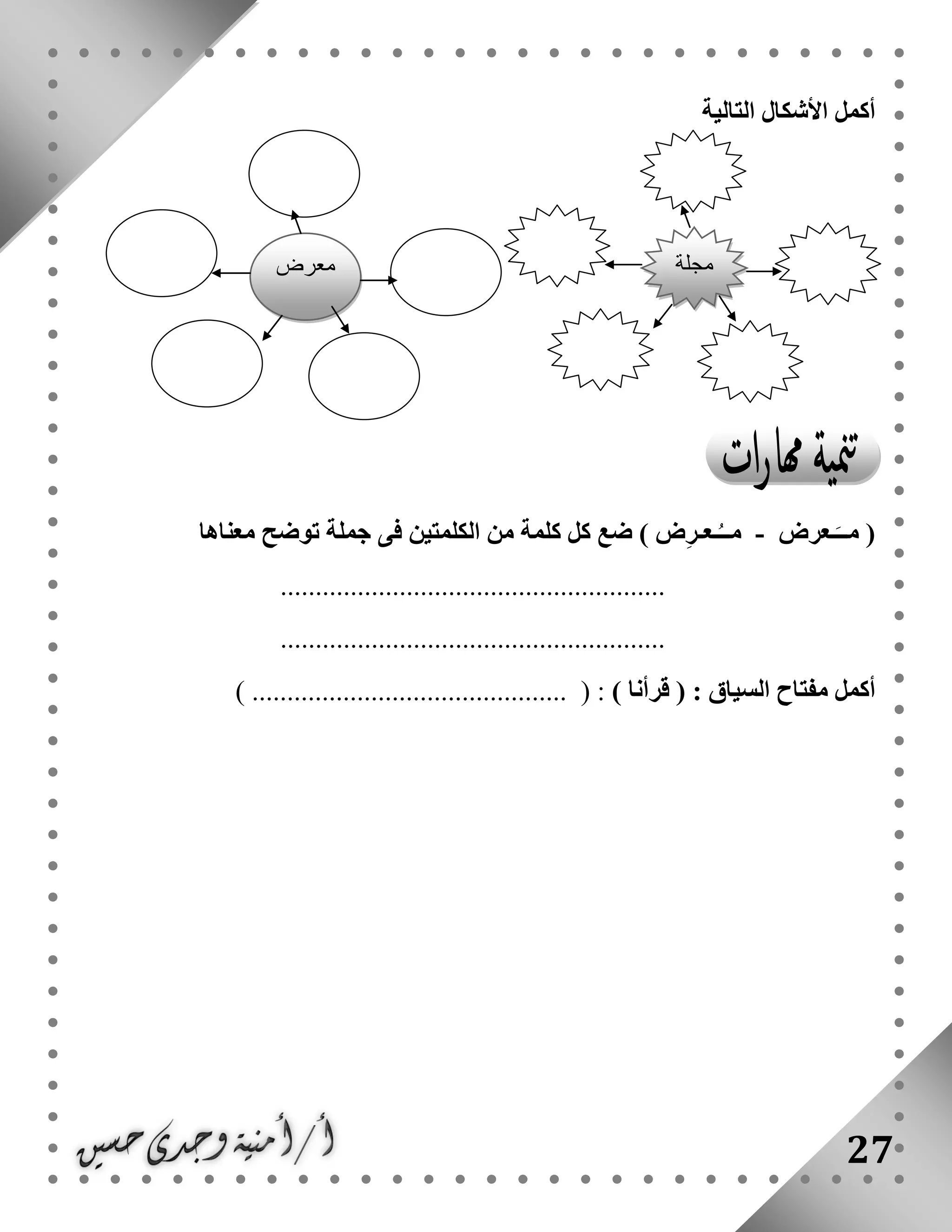 27
‫األ‬ ‫أكمل‬‫التالية‬ ‫شكال‬
‫ـعرض‬َ‫مــ‬ (-ِ‫ر‬‫ـعـ‬ُ‫مــ‬‫معناها‬ ‫توضح‬ ‫جملة‬ ‫فى‬ ‫الكلمتين‬ ‫من‬ ‫كلمة‬ ‫كل‬ ‫ضع‬ ) ‫ض‬
.......................................................
.......................................................
‫قرأنا‬ ( : ‫السياق‬ ‫مفتاح‬ ‫أكمل‬)( :..........................................) ...
‫مجلة‬‫معرض‬
 