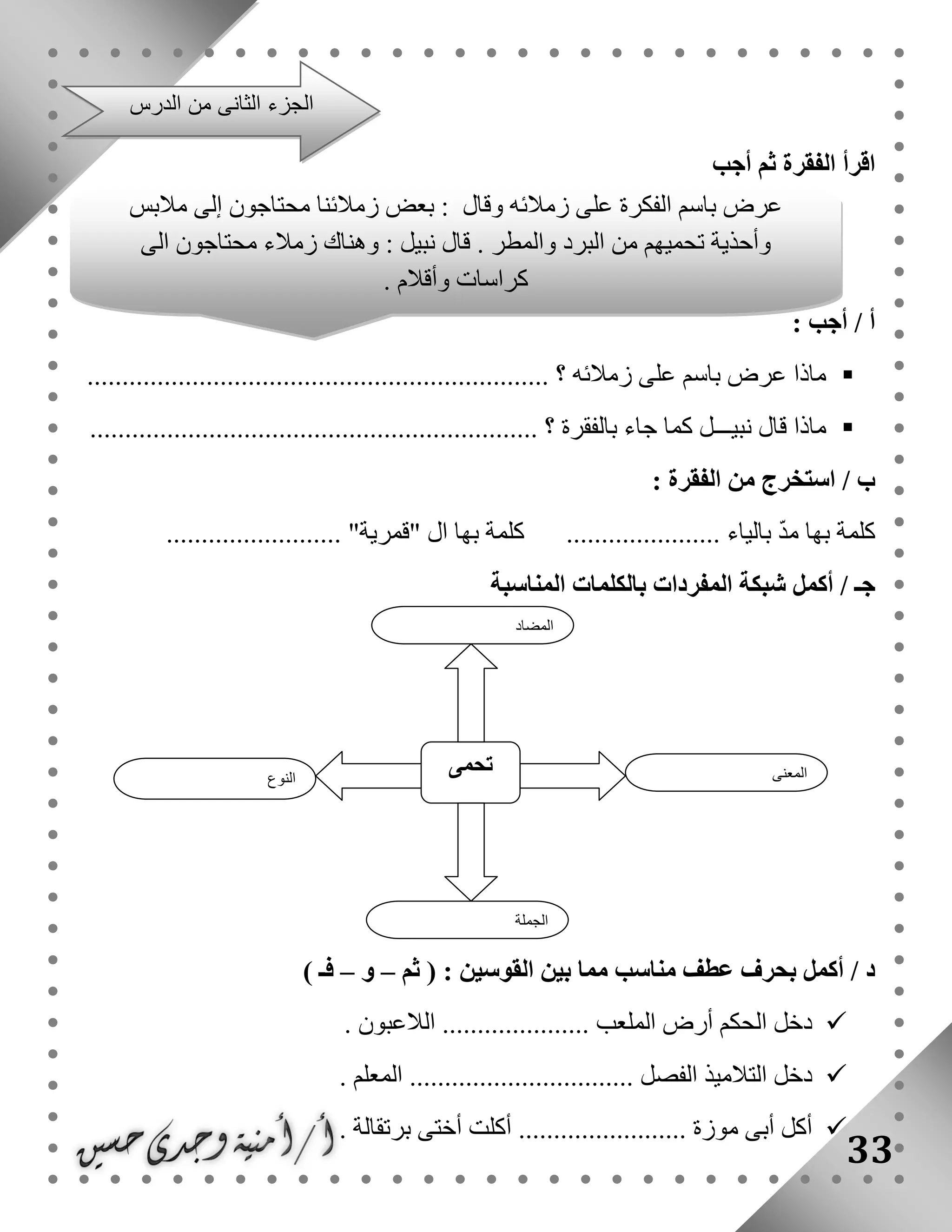 33
‫أجب‬ ‫ثم‬ ‫الفقرة‬ ‫اقرأ‬
: ‫أجب‬ / ‫أ‬
.............. ‫؟‬ ‫زمالئه‬ ‫على‬ ‫باسم‬ ‫عرض‬ ‫ماذا‬....................................................
............................... ‫؟‬ ‫بالفقرة‬ ‫جاء‬ ‫كما‬ ‫نبيـــل‬ ‫قال‬ ‫ماذا‬.................................
: ‫الفقرة‬ ‫من‬ ‫استخرج‬ / ‫ب‬
......................... "‫"قمرية‬ ‫ال‬ ‫بها‬ ‫كلمة‬ ...................... ‫بالياء‬ ّ‫د‬‫م‬ ‫بها‬ ‫كلمة‬
‫المناسبة‬ ‫بالكلمات‬ ‫المفردات‬ ‫شبكة‬ ‫أكمل‬ / ‫جـ‬
‫ثم‬ ( : ‫القوسين‬ ‫بين‬ ‫مما‬ ‫مناسب‬ ‫عطف‬ ‫بحرف‬ ‫أكمل‬ / ‫د‬–‫و‬–) ‫فـ‬
.......... ‫الملعب‬ ‫أرض‬ ‫الحكم‬ ‫دخل‬..... ‫الالعبون‬ .......
.......... ‫الفصل‬ ‫التالميذ‬ ‫دخل‬..........‫المعلم‬ .............
‫برتقالة‬ ‫أختى‬ ‫أكلت‬ ........................ ‫موزة‬ ‫أبى‬ ‫أكل‬.
‫النوع‬
‫تحمى‬ ‫المعنى‬
‫الجملة‬
‫المضاد‬
‫عرض‬‫باسم‬‫الفكرة‬‫على‬‫زمالئه‬‫وقال‬:‫بعض‬‫زمالئنا‬‫محتاجون‬‫إلى‬‫مالبس‬
‫وأحذية‬‫تحميهم‬‫من‬‫البرد‬‫والمطر‬.‫قال‬‫نبيل‬:‫وهناك‬‫زمالء‬‫محتاجون‬‫الى‬
‫كراسات‬‫وأقالم‬.
‫قالت‬‫بسمة‬:‫وماذا‬‫نفعل‬‫لتنفيذ‬‫الفكرة‬‫؟‬‫قال‬‫باسم‬:‫نجم‬‫ع‬‫األشياء‬‫التى‬‫يحتاج‬‫إليها‬
‫الزمالء‬‫ثم‬‫نضعها‬‫فى‬‫معرض‬‫للمدرسة‬
‫الدرس‬ ‫من‬ ‫الثانى‬ ‫الجزء‬
 