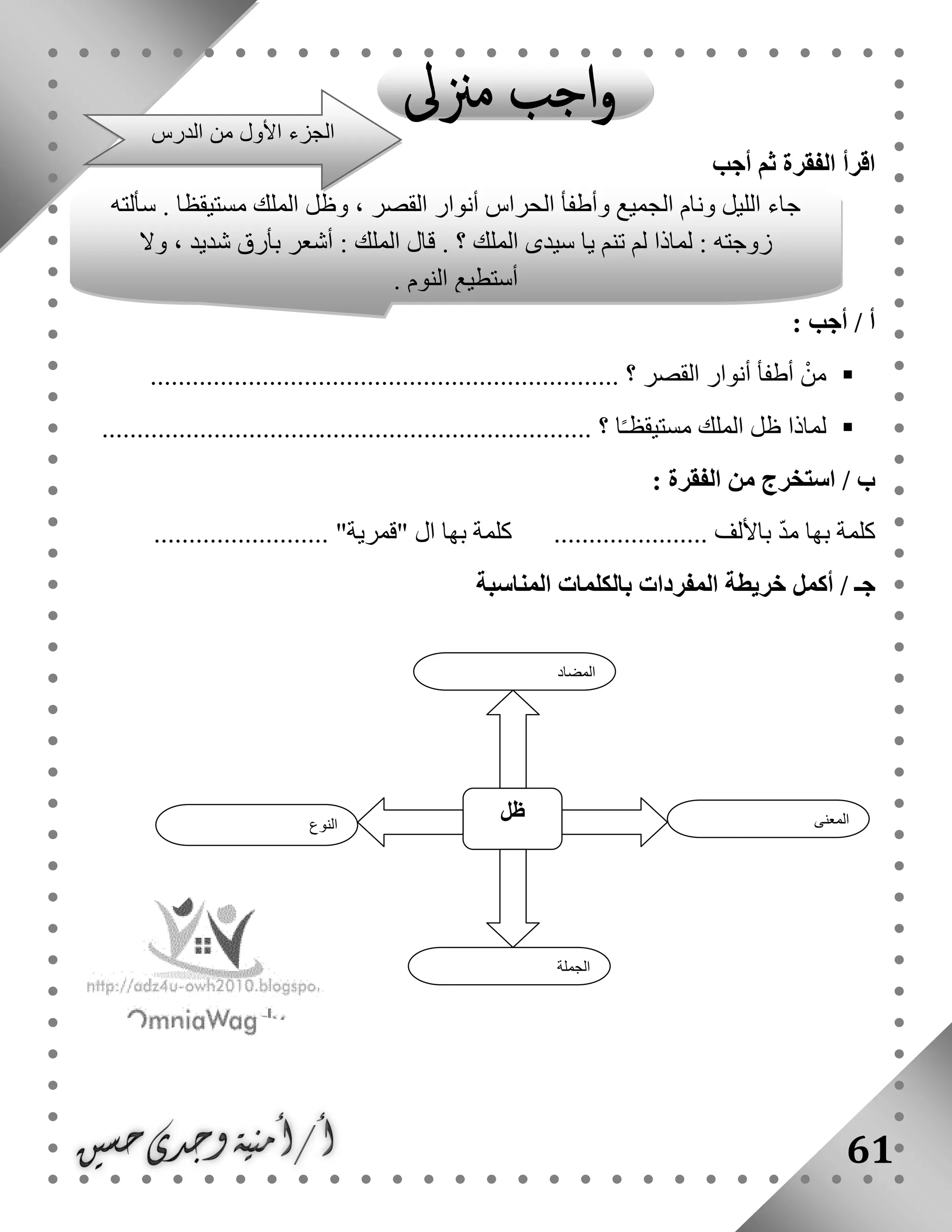 61
‫أجب‬ ‫ثم‬ ‫الفقرة‬ ‫اقرأ‬
: ‫أجب‬ / ‫أ‬
‫القصر‬ ‫أنوار‬ ‫أطفأ‬ ْ‫من‬............................... ‫؟‬....................................
‫ا‬ً‫ـ‬‫مستيقظ‬ ‫الملك‬ ‫ظل‬ ‫لماذا‬.................. ‫؟‬....................................................
: ‫الفقرة‬ ‫من‬ ‫استخرج‬ / ‫ب‬
......................... "‫"قمرية‬ ‫ال‬ ‫بها‬ ‫كلمة‬ ...................... ‫باأللف‬ ّ‫د‬‫م‬ ‫بها‬ ‫كلمة‬
‫أكمل‬ / ‫جـ‬‫خريطة‬‫المناسبة‬ ‫بالكلمات‬ ‫المفردات‬
‫النوع‬
‫ظل‬ ‫المعنى‬
‫الجملة‬
‫المضاد‬
‫الل‬ ‫جاء‬‫سألته‬ . ‫مستيقظا‬ ‫الملك‬ ‫وظل‬ ، ‫القصر‬ ‫أنوار‬ ‫الحراس‬ ‫وأطفأ‬ ‫الجميع‬ ‫ونام‬ ‫يل‬
‫وال‬ ، ‫شديد‬ ‫بأرق‬ ‫أشعر‬ : ‫الملك‬ ‫قال‬ . ‫؟‬ ‫الملك‬ ‫سيدى‬ ‫يا‬ ‫تنم‬ ‫لم‬ ‫لماذا‬ : ‫زوجته‬
. ‫النوم‬ ‫أستطيع‬
‫الدرس‬ ‫من‬ ‫األول‬ ‫الجزء‬
 