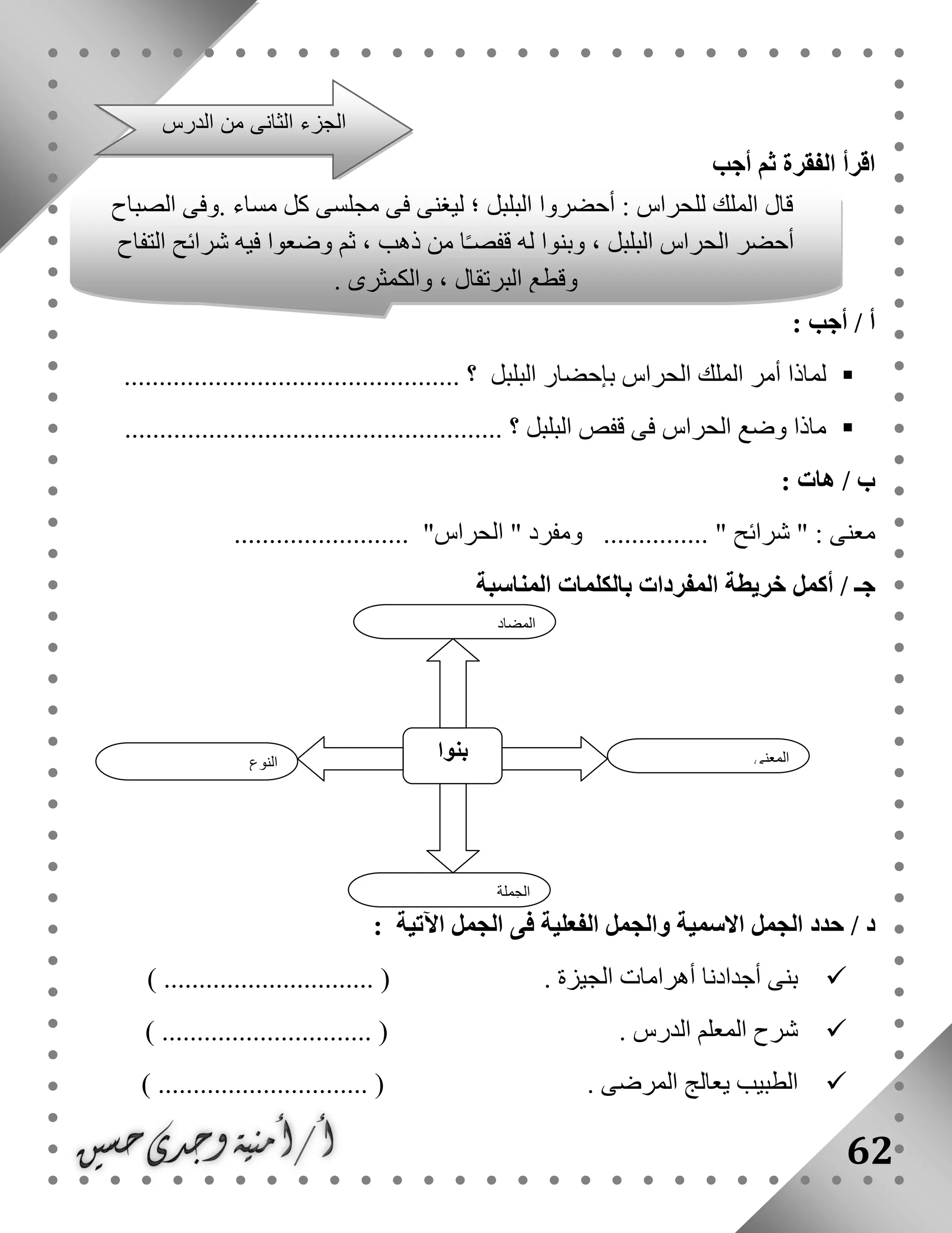 62
‫أجب‬ ‫ثم‬ ‫الفقرة‬ ‫اقرأ‬
‫أ‬: ‫أجب‬ /
‫البلبل‬ ‫بإحضار‬ ‫الحراس‬ ‫الملك‬ ‫أمر‬ ‫لماذا‬.......................................... ‫؟‬......
...................................................... ‫؟‬ ‫البلبل‬ ‫قفص‬ ‫فى‬ ‫الحراس‬ ‫وضع‬ ‫ماذا‬
/ ‫ب‬‫هات‬:
....... "‫الحراس‬ " ‫ومفرد‬ ............... " ‫شرائح‬ " : ‫معنى‬..................
‫خريطة‬ ‫أكمل‬ / ‫جـ‬‫المناسبة‬ ‫بالكلمات‬ ‫المفردات‬
/ ‫د‬‫اآلتية‬ ‫الجمل‬ ‫فى‬ ‫الفعلية‬ ‫والجمل‬ ‫االسمية‬ ‫الجمل‬ ‫حدد‬:
) .............................. ( . ‫الجيزة‬ ‫أهرامات‬ ‫أجدادنا‬ ‫بنى‬
. ‫الدرس‬ ‫المعلم‬ ‫شرح‬) .............................. (
) .............................. ( . ‫المرضى‬ ‫يعالج‬ ‫الطبيب‬
‫الدرس‬ ‫من‬ ‫الثانى‬ ‫الجزء‬
‫النوع‬
‫بنوا‬ ‫المعنى‬
‫الجملة‬
‫المضاد‬
‫ليغن‬ ‫؛‬ ‫البلبل‬ ‫أحضروا‬ : ‫للحراس‬ ‫الملك‬ ‫قال‬‫الصباح‬ ‫.وفى‬ ‫مساء‬ ‫كل‬ ‫مجلسى‬ ‫فى‬ ‫ى‬
‫التفاح‬ ‫شرائح‬ ‫فيه‬ ‫وضعوا‬ ‫ثم‬ ، ‫ذهب‬ ‫من‬ ‫ا‬ً‫ـ‬‫قفص‬ ‫له‬ ‫وبنوا‬ ، ‫البلبل‬ ‫الحراس‬ ‫أحضر‬
. ‫والكمثرى‬ ، ‫البرتقال‬ ‫وقطع‬
 