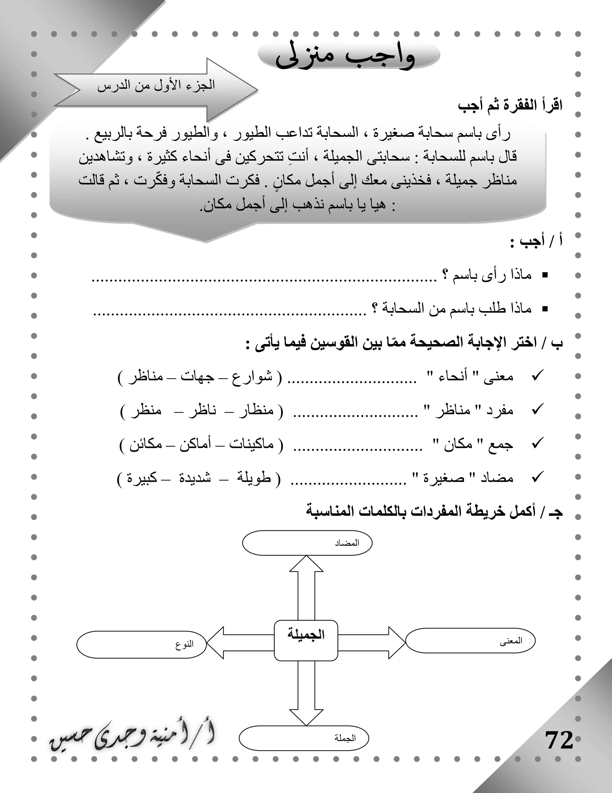 72
‫أجب‬ ‫ثم‬ ‫الفقرة‬ ‫اقرأ‬
: ‫أجب‬ / ‫أ‬
‫باسم‬ ‫رأى‬ ‫ماذا‬.............................. ‫؟‬...............................................
‫السحابة‬ ‫من‬ ‫باسم‬ ‫طلب‬ ‫ماذا‬................................... ‫؟‬..........................
/ ‫ب‬‫يأتى‬ ‫فيما‬ ‫القوسين‬ ‫بين‬ ‫ا‬ّ‫م‬‫م‬ ‫الصحيحة‬ ‫اإلجابة‬ ‫اختر‬:
‫شوارع‬ ( ............................. " ‫أنحاء‬ " ‫معنى‬–‫جهات‬–‫م‬) ‫ناظر‬
‫منظار‬ ( ............................ " ‫مناظر‬ " ‫مفرد‬–‫ناظر‬–) ‫منظر‬
‫ماكينات‬ ( ............................. " ‫مكان‬ " ‫جمع‬–‫أماكن‬–) ‫مكائن‬
........ " ‫صغيرة‬ " ‫مضاد‬.‫طويلة‬ ( .................–‫شديدة‬–) ‫كبيرة‬
‫أكمل‬ / ‫جـ‬‫خريطة‬‫بال‬ ‫المفردات‬‫المناسبة‬ ‫كلمات‬
‫النوع‬
‫الجميلة‬ ‫المعنى‬
‫الجملة‬
‫المضاد‬
‫ر‬. ‫بالربيع‬ ‫فرحة‬ ‫والطيور‬ ، ‫الطيور‬ ‫تداعب‬ ‫السحابة‬ ، ‫صغيرة‬ ‫سحابة‬ ‫باسم‬ ‫أى‬
‫وتشاهدين‬ ، ‫كثيرة‬ ‫أنحاء‬ ‫فى‬ ‫تتحركين‬ ِ‫ت‬‫أن‬ ، ‫الجميلة‬ ‫سحابتى‬ : ‫للسحابة‬ ‫باسم‬ ‫قال‬
‫قالت‬ ‫ثم‬ ، ‫رت‬ّ‫ك‬‫وف‬ ‫السحابة‬ ‫فكرت‬ . ٍ‫مكان‬ ‫أجمل‬ ‫إلى‬ ‫معك‬ ‫فخذينى‬ ، ‫جميلة‬ ‫مناظر‬
.‫مكان‬ ‫أجمل‬ ‫إلى‬ ‫نذهب‬ ‫باسم‬ ‫يا‬ ‫هيا‬ :
‫الدرس‬ ‫من‬ ‫األول‬ ‫الجزء‬
 