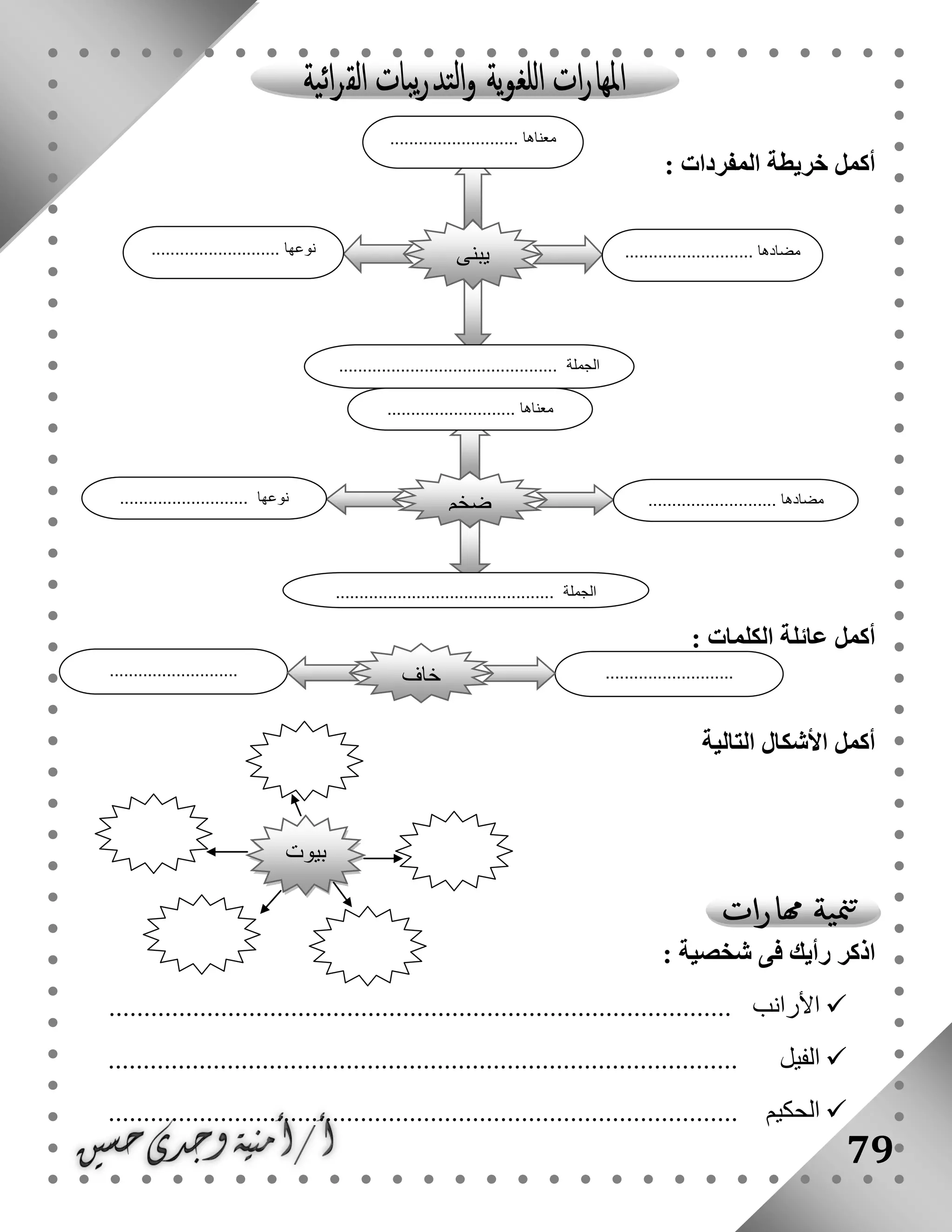 79
: ‫المفردات‬ ‫خريطة‬ ‫أكمل‬
: ‫الكلمات‬ ‫عائلة‬ ‫أكمل‬
‫التالية‬ ‫األشكال‬ ‫أكمل‬
: ‫شخصية‬ ‫فى‬ ‫رأيك‬ ‫اذكر‬
......................................................................................... ‫األرانب‬
........................... ‫الفيل‬...............................................................
.......................................................................................... ‫الحكيم‬
‫يبنى‬
........................... ‫معناها‬
........................... ‫مضادها‬.................... ‫نوعها‬.......
.............................................. ‫الجملة‬
‫بيوت‬
‫ضخم‬
........................... ‫معناها‬
........................... ‫مضادها‬........................... ‫نوعها‬
.............................................. ‫الجملة‬
...................................................... ‫خاف‬
 