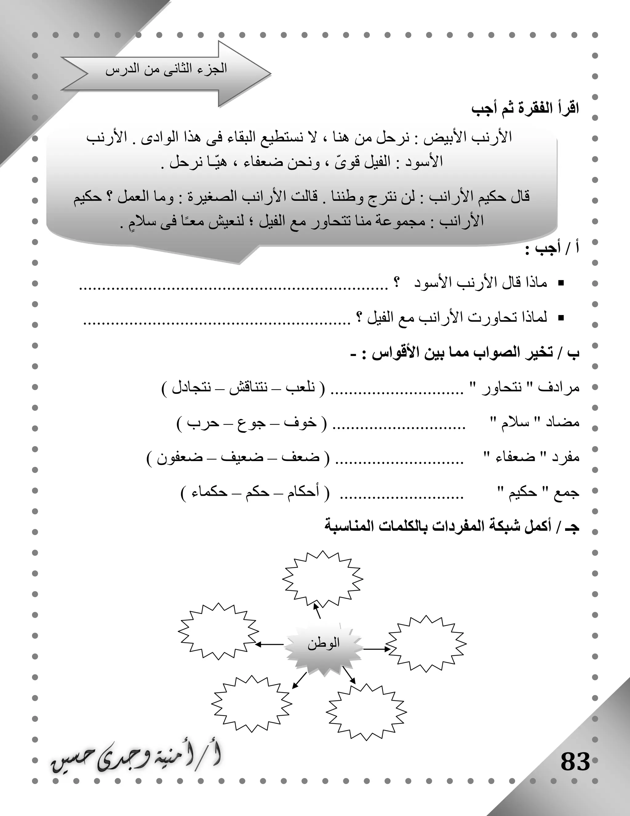 83
‫أجب‬ ‫ثم‬ ‫الفقرة‬ ‫اقرأ‬
: ‫أجب‬ / ‫أ‬
‫ماذا‬‫األسود‬ ‫األرنب‬ ‫قال‬‫؟‬...................................................................
.............................................. ‫؟‬ ‫الفيل‬ ‫مع‬ ‫األرانب‬ ‫تحاورت‬ ‫لماذا‬............
/ ‫ب‬: ‫األقواس‬ ‫بين‬ ‫مما‬ ‫الصواب‬ ‫تخير‬-
‫مرادف‬‫نلعب‬ ( ............................. " ‫نتحاور‬ "–‫نتناقش‬–) ‫نتجادل‬
‫خوف‬ ( ............................. " ‫سالم‬ " ‫مضاد‬–‫جوع‬–) ‫حرب‬
‫ضعف‬ ( ............................ " ‫ضعفاء‬ " ‫مفرد‬–‫ضعيف‬–) ‫ضعفون‬
‫أحكام‬ ( ........................... " ‫حكيم‬ " ‫جمع‬–‫حكم‬–) ‫حكماء‬
‫شبكة‬ ‫أكمل‬ / ‫جـ‬‫المناسبة‬ ‫بالكلمات‬ ‫المفردات‬
‫الدرس‬ ‫من‬ ‫الثانى‬ ‫الجزء‬
‫األرنب‬ . ‫الوادى‬ ‫هذا‬ ‫فى‬ ‫البقاء‬ ‫نستطيع‬ ‫ال‬ ، ‫هنا‬ ‫من‬ ‫نرحل‬ : ‫األبيض‬ ‫األرنب‬
. ‫نرحل‬ ‫ّـا‬‫ي‬‫ه‬ ، ‫ضعفاء‬ ‫ونحن‬ ، ّ‫ى‬‫قو‬ ‫الفيل‬ : ‫األسود‬
‫حكيم‬ ‫؟‬ ‫العمل‬ ‫وما‬ : ‫الصغيرة‬ ‫األرانب‬ ‫قالت‬ . ‫وطننا‬ ‫نترج‬ ‫لن‬ : ‫األرانب‬ ‫حكيم‬ ‫قال‬
‫األر‬ٍ‫سالم‬ ‫فى‬ ‫ا‬ً‫ـ‬‫مع‬ ‫لنعيش‬ ‫؛‬ ‫الفيل‬ ‫مع‬ ‫تتحاور‬ ‫منا‬ ‫مجموعة‬ : ‫انب‬.
‫الوطن‬
 