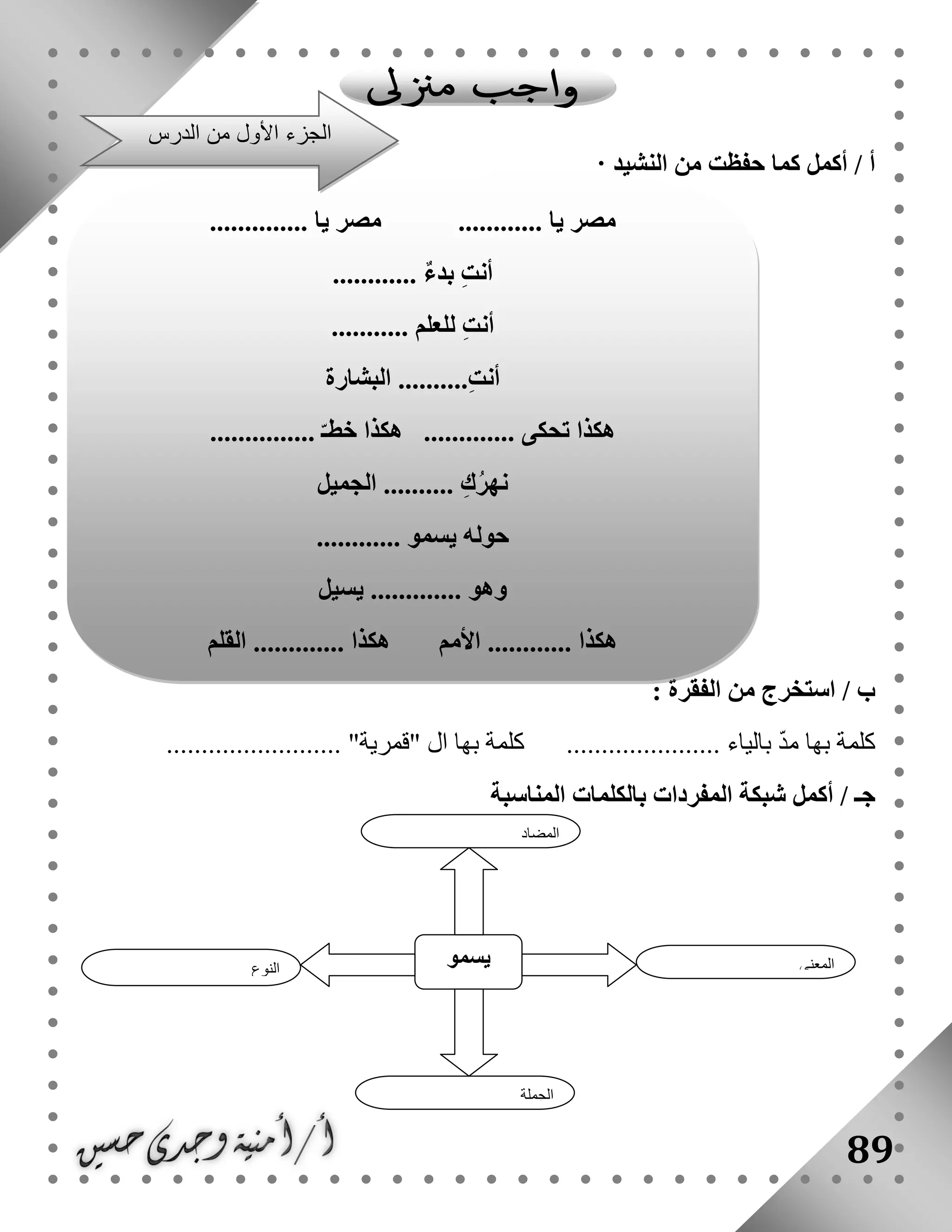 89
: ‫النشيد‬ ‫من‬ ‫حفظت‬ ‫كما‬ ‫أكمل‬ / ‫أ‬
‫ب‬: ‫الفقرة‬ ‫من‬ ‫استخرج‬ /
‫به‬ ‫كلمة‬ ...................... ‫بالياء‬ ّ‫د‬‫م‬ ‫بها‬ ‫كلمة‬......................... "‫"قمرية‬ ‫ال‬ ‫ا‬
‫جـ‬‫المناسبة‬ ‫بالكلمات‬ ‫المفردات‬ ‫شبكة‬ ‫أكمل‬ /
‫النوع‬
‫يسمو‬ ‫المعنى‬
‫الجملة‬
‫المضاد‬
.. ‫يا‬ ‫مصر‬.............. ‫يا‬ ‫مصر‬ ..........
............ ٌ‫ء‬‫بد‬ ِ‫ت‬‫أن‬
........... ‫للعلم‬ ِ‫ت‬‫أن‬
‫البشارة‬ ..........ِ‫ت‬‫أن‬
............... ّ‫خطـ‬ ‫هكذا‬ ............. ‫تحكى‬ ‫هكذا‬
‫الجميل‬ .......... ِ‫ك‬ُ‫ر‬‫نه‬
............ ‫يسمو‬ ‫حوله‬
‫يسيل‬ ............. ‫وهو‬
......... ‫هكذا‬‫القلم‬ ............. ‫هكذا‬ ‫األمم‬ ...
‫الدرس‬ ‫من‬ ‫األول‬ ‫الجزء‬
 