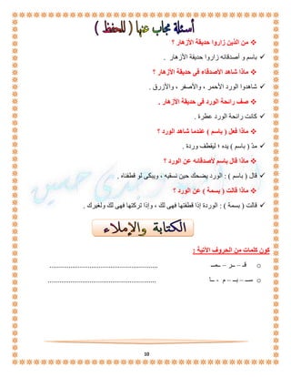 10 
من الذين زاروا حديقة الأزهار ؟  
باسم و أصدقائه زاروا حديقة الأزهار .  
ماذا شاهد الأصدقاء فى حديقة الأزهار ؟  
شاهدوا الورد الأحمر ، والأصفر ، والأزرق .  
صف رائحة الورد فى حديقة الأزهار .  
كانت رائحة الورد عطرة .  
ماذا فعل ) باسم ( عندما شاهد الورد ؟  
مد ) باسم ( يده ؛ ليقطف وردة .  
ماذا قال باسم لأصدقائه عن الورد ؟  
قال ) باسم ( : الورد يضحك حين نسقيه ، ويبكى لو قطفناه .  
ماذا قالت ) بسمة ( عن الورد ؟  
قالت ) بسمة ( : الوردة إذا قطفتها فهى لكَ ، وإذا تركتها فهى لكَ ولغيرك .  
كون كلمات من الحروف الآتية : 
قـ – ــر – ــمــ ......................................................... o 
ســ – بــ – م - ــا ......................................................... o 
 