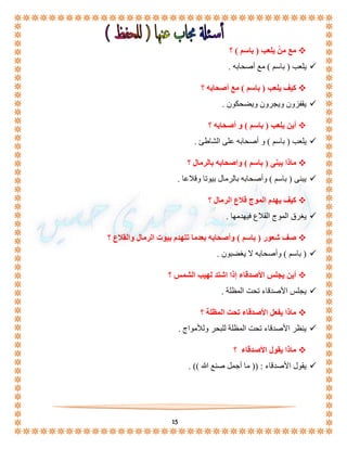 15 
مع منْ يلعب ) باسم ( ؟  
يلعب ) باسم ( مع أصحابه .  
كيف يلعب ) باسم ( مع أصحابه ؟  
يقفزون ويجرون ويضحكون .  
أين يلعب ) باسم ( و أصحابه ؟  
يلعب ) باسم ( و أصحابه على الشاطئ .  
ماذا يبنى ) باسم ( واصحابه بالرمال ؟  
يبنى ) باسم ( وأصحابه بالرمال بيوتا وقلاعا .  
كيف يهدم الموج قلاع الرمال ؟  
يغرق الموج القلاع فيهدمها .  
صف شعور ) باسم ( وأصحابه بعدما تتهدم بيوت الرمال والقلاع ؟  
باسم ( وأصحابه لا يغضبون . (  
أين يجلس الأصدقاء إذا اشتد لهيب الشمس ؟  
يجلس الأصدقاء تحت المظلة .  
ماذا يفعل الأصدقاء تحت المظلة ؟  
ينظر الأصدقاء تحت المظلة للبحر وللأمواج .  
ماذا يقول الأصدقاء ؟  
يقول الأصدقاء : )) ما أجمل صنع الله (( .  
 
