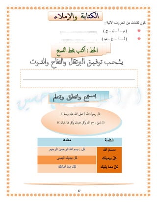 قال رسول الله ) صلى الله عليه وسلم ( 
)) يابنىَّ ، سم الله وكل بيمينك وكل ممـّا يليك (( 
17 
كون كلمات من الحروف الآتية : 
م – أ – ل – ج ( .................................... (  
ل – أ – ع – ب ( ................................... (  
الكلمة معناها 
ســَـمْ الله قل : بسم الله الرحمن الرحيم 
كلّ بيمينك كل بيديك اليمنى 
كلّ مما يليك كل مما أمامك 
 