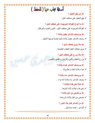 41 
أين يقع النخيل ؟  
يقع النخيل على ضفاف النيل .  
ما أنواع الفواكه الموجودة على ضفاف النيل ؟  
الفواكه الموجودة على ضفاف النيل : التين والعنب والبرتقال .  
بم وصف الشاعر حقول بلادنا ؟  
وصف الشاعر حقول بلادنا بأنها خصبة يزينها النخيل .  
ماذا يزين ضفاف النيل ؟  
يزين ضفاف النيل الحقول الخصبة .  
ماذا يزرع على ضفاف النيل ؟  
يزرع النخيل والتين والزيتون والقمح والليمون .  
بم وصف الشاعر هواء بلادنا ؟  
هواء بلادنا شفاء وعلاج لنا .  
بم وصف الشاعر ماء بلادنا ؟  
وصف الشاعر ماء بلادنا أنه دواء .  
لماذا نحن فداء لبلادنا ؟  
نحن فداء لبلادنا لأننا أبناؤها .  
بم نضحى من أجل بلادنا ؟  
نضحى من أجل بلادنا بأرواحنا .  
من الشاعر قائل هذا النص ؟  
الشاعر : أحمد إسماعيل .  
 