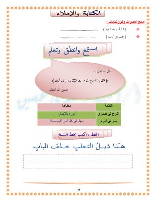 ﴿ قال ربّ اشرح لى صدرى ۝ ويسر لى أ مرى ﴾ 
49 
ادمج الأصوات وكون كلمات : 
ا / لـ / ــد / ب ( .................................... (  
هـــ / ر / ب ( ................................... (  
قال – تعالى :- 
صدق الله العظيم 
الكلمة معناها 
اشرح لى صدرى نوره بالإيمان 
يسر لى أمرى سهل لى كل أمر أقوم بعمله 
 