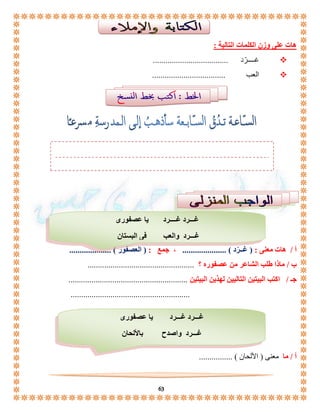 63 
هات على وزن الكلمات التالية : 
غــــرّد ....................................  
العب ...................................  
أ / هات معنى : ) غــرّد ( ..................... ، جمع : ) العصفور ( .................... 
ب / ماذا طلب الشاعر من عصفوره ؟ ................................................... 
جـ / اكتب البيتين التاليين لهذين البيتين ......................................................... 
......................................................... 
أ / ما معنى ) الألحان ( ................ 
غـــرد غــــرد يا عصفورى 
غـــرد والعب فى البستان 
غـــرد غـــرد يا عصفورى 
غـــرد واصدح بالألحان 
 