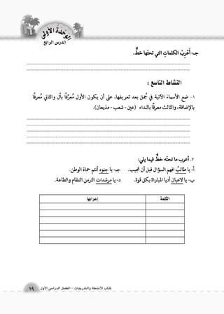 .................................................................................................................................................................................................................................................................... .................................................................................................................................................................................................................................................................... .................................................................................................................................. 
الكلمة �إعرابها 
.................................................................................................................................................................................................................................................................... 
الوحَدْةَ الأولى 
كتاب الأن شطة والتدريبات - الف €صل الدرا 6سى الأول 19 
الدر 6س الرابع 
الن |شاط التا 6سع : 
-1 
-2 
 