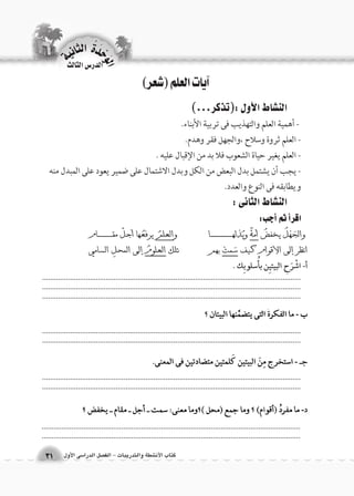 آيات العلم )شعر( 
الن |شاط الأول :)تذكر...( 
- أهمية العلم والتهذيب فى تربية الأبناء. 
- العلم ثروة وسلاح ،والجهل فقر وهدم. 
- العلم يغير حياة الشعوب فلا بد من الإقبال عليه . 
- يجب أن يشتمل بدل البعض من الكل وبدل الاشتمال على ضمير يعود على المبدل منه 
ويطابقه فى النوع والعدد. 
الن |شاط الثانى : 
.................................................................................................................................................................................................................................................................... .................................................................................................................................. 
.................................................................................................................................................................................................................................................................... 
.................................................................................................................................................................................................................................................................... 
.................................................................................................................................................................................................................................................................... 
الوحَدْةَ الثانية 
كتاب الأن شطة والتدريبات - الف €صل الدرا 6سى الأول 31 
الدر 6س الثالث 
 