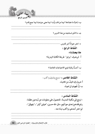 الوحَدْةَ الثانية 
ككتتاابب االلأأنن ششططةة ووااللتتددررييببااتت -- االلفف €€صصلل االلددرراا 66سسىى االلأأوولل 3377 
الن |شاط الرابع : 
الن |شاط الخام {س : 
الن |شاط ال {ساد 6س : 
.................................................................................................................................................................................................................................................................... 
.................................................................................................................................................................................................................................................................... 
........................................................................................ 
.................................................................................................................................................................................................................................................................... 
.................................................................................................................................................................................................................................................................... 
.................................................................................................................................................................................................................................................................... 
.................................................................................................................................................................................................................................................................... .................................................................................................................................. 
استمع وتذوق واكتب : 
الدر 6س الرابع 
 