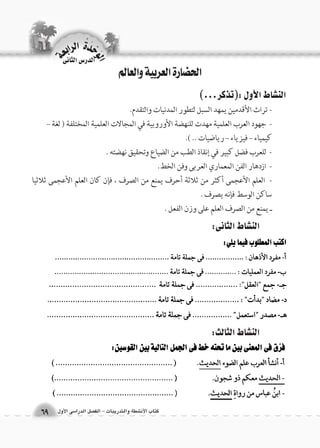 كتاب الأن شطة والتدريبات - الف €صل الدرا 6سى الأول 
الن |شاط الثانى: 
الن |شاط الثالث: 
الوحَدْةَ الرابعة 
69 
الدر 6س الثانى 
الحضارة العربية والعالم 
الن |شاط الأول :)تذكر...( 
- تراث الأقدمين يمهد السبل لتطور المدنيات والتقدم. 
- جهود العرب العلمية مهدت للنهضة الأوروبية في المجالات العلمية المختلفة ) لغة – 
كيمياء – فيزياء – رياضيات .. (. 
- للعرب فضل كبير في إنقاذ الطب من الضياع وتحقيق نهضته . 
- ازدهار الفن المعماري العربى وفن الخط. 
- العلم الأعجمى أكثر من ثلاثة أحرف يمنع من الصرف ، فإن كان العلم الأعجمى ثلاثيا 
ساكن الوسط فإنه يصرف . 
ـ يمنع من الصرف العلم على وزن الفعل . 
 