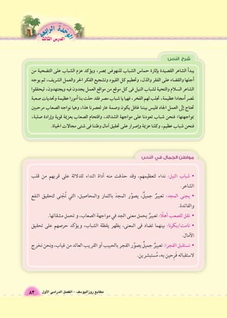 مطابع روزاليو 6سف - الف €صل الدرا 6سى الأول 
يبد �أ ال شاعر الق ‚صيدة ب �إثارة حما 6س ال شباب للنهو 9ض بم ‚صر، وي §ؤكد عزم ال شباب على الت ƒضحية من 
�أجلها والق ƒضاء على الفقر والذل، وتحطيم كل القيود وت شجيع الفكر الحر والعمل ال شريف، ثم يوجه 
ال شاعر ال €سلام والتحية ل شباب النيل فى كل موقع من مواقع العمل يجدون فيه ويجتهدون، ليحققوا 
لم ‚صر �أمجادا عظيمة، تجلب لهم الفخر، فهيا يا 7شباب م ‚صر فقد حلت بنا �أمورا عظيمة وتحديات 8صعبة 
تحتاج �إلى العمل الجاد فلي €س بيننا غافل يكون و 8صمة عار لع ‚صرنا هذا، وهيا نواجه ال ‚صعاب مرحبين 
بمواجهتها؛ فنحن 7شباب تعودنا على مواجهة ال شدائد، واقتحام ال ‚صعاب بعزيمة قوية وإ�رادة 8صلبة، 
فنحن 7شباب عظيم، وكلنا عزيمة و �إ8صرار على تحقيق آ�مال وطننا فى 7شتى مجالات الحياة. 
83 
الوحَدْةَ الرابعة 
الدر Sس الثالث 
 