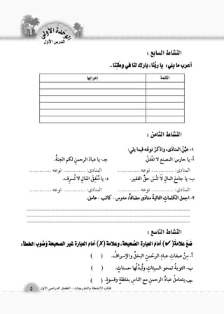 الكلمة �إعرابها 
الوحَدْةَ الأولى 
كتاب الأن شطة والتدريبات - الف €صل الدرا 6سى الأول 5 
الدر 6س الأول 
الن |شاط ال {سابع : 
الن |شاط التا 6سع : 
الن |شاط الثامن : 
المنادى: ............. نوعه ............. المنادى: ............. نوعه ............. 
المنادى: ............. نوعه ............. المنادى: ............. نوعه ............. 
.................................................................................................................................................................................................................................................................... .................................................................................................................................. 
 