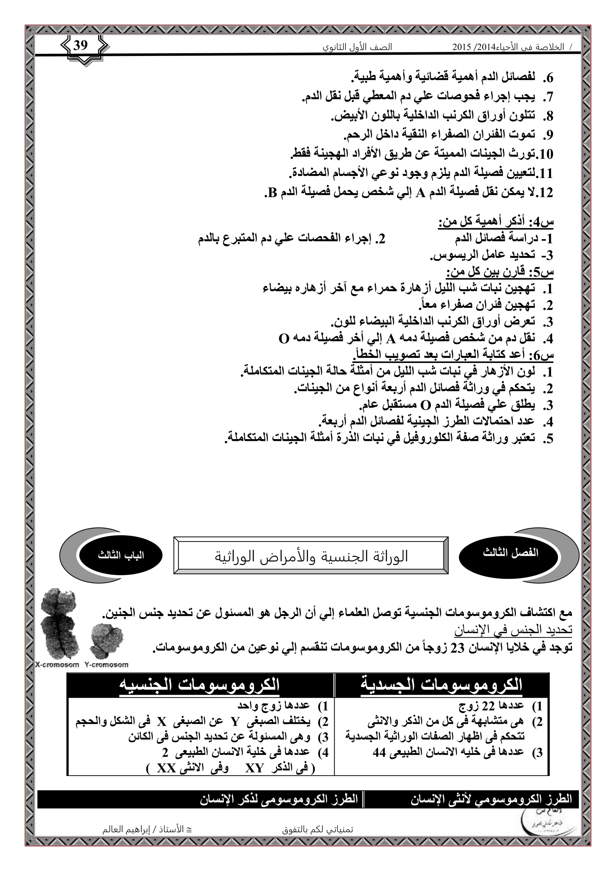 4102 الصف الأول الثانوي 39 / الخلاصة في الأحياء 4102  
6. لفصائل الدم أهمية قضائية وأهمية طبية. 
7. يجب إجراء فحوصات علي دم المعطي قبل نقل الدم. 
8. تتلون أوراق الكرنب الداخلية باللون الأبيض. 
9. تموت الفئران الصفراء النقية داخل الرحم. 
11 . تورث الجينات المميتة عن طريق الأفراد الهجينة فقط. 
11 . لتعيين فصيلة الدم يلزم وجود نوعي الأجسام المضادة. 
.B إلي شخص يحمل فصيلة الدم A 12 . لا يمكن نقل فصيلة الدم 
الفصل الثالث الوراثة الجنسية والأمراض الوراثية الباب الثالث 
الأستاذ / إبراهيم العالم  تمنياتي لكم بالتفوق 
س 4: أذكر أهمية كل من: 
-1 دراسة فصائل الدم 2. إجراء الفحصات علي دم المتبرع بالدم 
-3 تحديد عامل الريسوس. 
س 5: قارن بين كل من: 
1. تهجين نبات شب الليل أزهارة حمراء مع آخر أزهاره بيضاء 
2. تهجين فئران صفراء معا.ً 
3. تعرض أوراق الكرنب الداخلية البيضاء للون. 
O إلي أخر فصيلة دمه A 4. نقل دم من شخص فصيلة دمه 
س 6: أعد كتابة العبارات بعد تصويب الخطأ. 
1. لون الأزهار في نبات شب الليل من أمثلة حالة الجينات المتكاملة. 
2. يتحكم في وراثة فصائل الدم أربعة أنواع من الجينات. 
مستقبل عام. O 3. يطلق علي فصيلة الدم 
4. عدد احتمالات الطرز الجينية لفصائل الدم أربعة. 
5. تعتبر وراثة صفة الكلوروفيل في نبات الذرة أمثلة الجينات المتكاملة. 
مع اكتشاف الكروموسومات الجنسية توصل العلماء إلي أن الرجل هو المسئول عن تحديد جنس الجنين. 
تحديد الجنس في الإنسان 
توجد في خلايا الإنسان 23 زوجا من الكروموسومات تنقسم إلي نوعين من الكروموسومات. 
الكروموسومات الجسدية الكروموسومات الجنسيه 
1( عددها 22 زوج 
2( هى متشابهة فى كل من الذكر والانثى 
تتحكم فى اظهار الصفات الوراثية الجسدية 
3( عددها فى خليه الانسان الطبيعى 44 
1( عددها زوج واحد 
فى الشكل والحجم X عن الصبغى Y 2( يختلف الصبغى 
3( وهى المسئولة عن تحديد الجنس فى الكائن 
4( عددها فى خلية الانسان الطبيعى 2 
) XX وفى الانثى XY ) فى الذكر 
الطرز الكروموسومي لأنثى الإنسان الطرز الكروموسومى لذكر الإنسان 
 