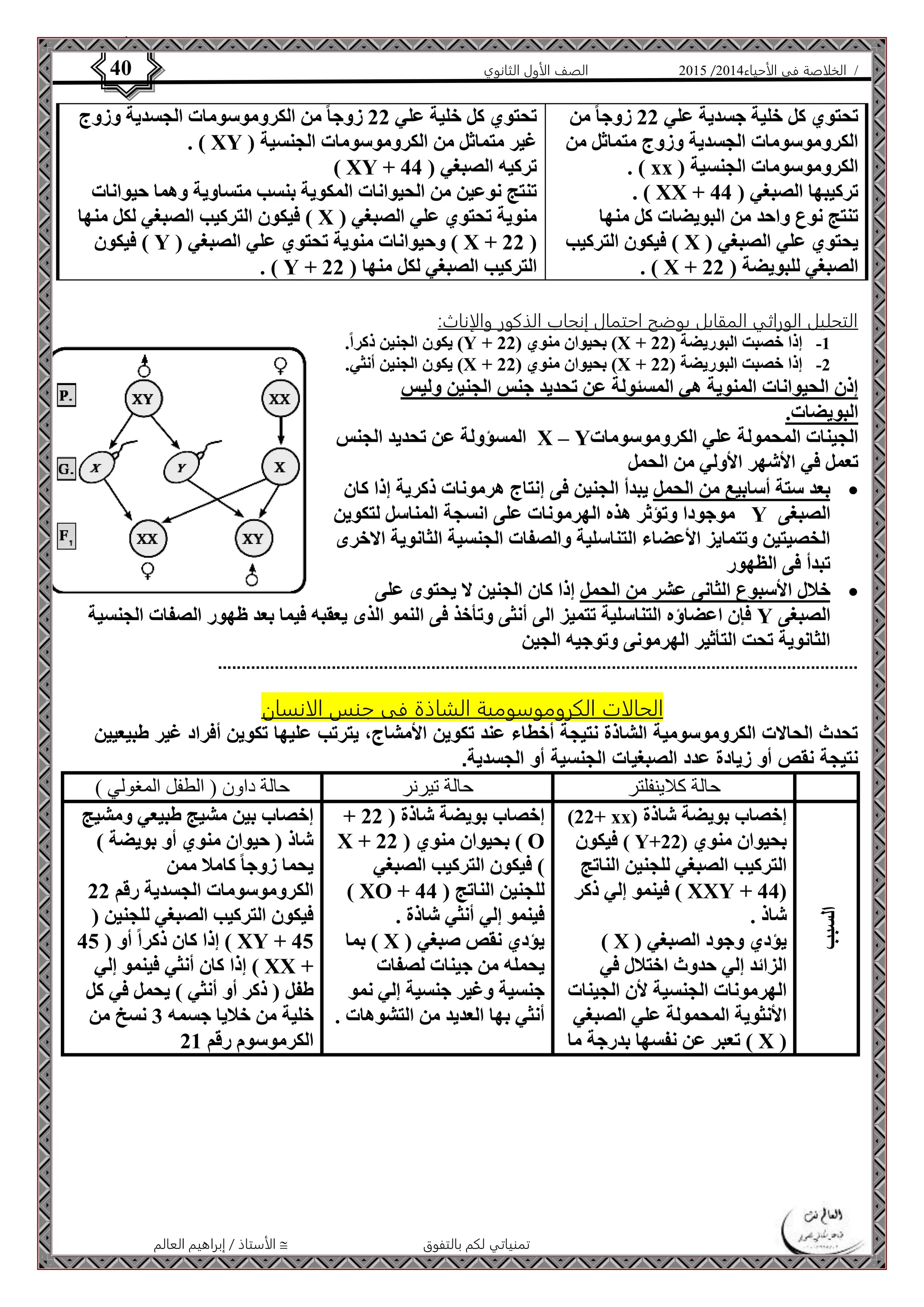 4102 الصف الأول الثانوي 40 / الخلاصة في الأحياء 4102  
الأستاذ / إبراهيم العالم  تمنياتي لكم بالتفوق 
تحتوي كل خلية جسدية علي 22 زوجا من 
الكروموسومات الجسدية وزوج متماثل من 
. ) xx ( الكروموسومات الجنسية 
. ) XX + تركيبها الصبغي ) 44 
تنتج نوع واحد من البويضات كل منها 
فيكون التركيب ) X ( يحتوي علي الصبغي 
. ) X + الصبغي للبويضة ) 22 
تحتوي كل خلية علي 22 زوجا من الكروموسومات الجسدية وزوج 
. ) XY ( غير متماثل من الكروموسومات الجنسية 
) XY + تركيه الصبغي ) 44 
تنتج نوعين من الحيوانات المكوية بنسب متساوية وهما حيوانات 
فيكون التركيب الصبغي لكل منها ) X ( منوية تحتوي علي الصبغي 
فيكون ) Y ( وحيوانات منوية تحتوي علي الصبغي ) X + 22 ( 
. ) Y + التركيب الصبغي لكل منها ) 22 
التحليل الوراثي المقابل يوضح احتمال إنجاب الذكور والإناث: 
يكون الجنين ذكراً. )Y + بحيوان منوي ) 22 )X + -1 إذا خصبت البوريضة ) 22 
يكون الجنين أنثي. )X + بحيوان منوي ) 22 )X + -2 إذا خصبت البوريضة ) 22 
إذن الحيوانات المنوية هي المسئولة عن تحديد جنس الجنين وليس 
البويضات. 
المسؤولة عن تحديد الجنس X – Y الجينات المحمولة علي الكروموسومات 
تعمل في الأشهر الأولي من الحمل 
بعد ستة أسابيع من الحمل يبدأ الجنين فى إنتاج هرمونات ذكرية إذا كان  
موجودا وتؤثر هذه الهرمونات على انسجة المناسل لتكوين Y الصبغى 
الخصيتين وتتمايز الأعضاء التناسلية والصفات الجنسية الثانوية الاخرى 
تبدأ فى الظهور 
خلال الأسبوع الثانى عشر من الحمل إذا كان الجنين لا يحتوى على  
فإن اعضاؤه التناسلية تتميز الى أنثى وتأخذ فى النمو الذى يعقبه فيما بعد ظهور الصفات الجنسية Y الصبغى 
الثانوية تحت التأثير الهرمونى وتوجيه الجين 
....................................................................................................................................... 
الحالات الكروموسومية الشاذة فى جنس الانسان 
تحدث الحالات الكروموسومية الشاذة نتيجة أخطاء عند تكوين الأمشاج، يترتب عليها تكوين أفراد غير طبيعيين 
نتيجة نقص أو زيادة عدد الصبغيات الجنسية أو الجسدية. 
حالة كلاينفلتر حالة تيرنر حالة داون ) الطفل المغولي ( 
السبب 
)22+ xx( إخصاب بويضة شاذة 
فيكون ) Y+ بحيوان منوي ) 22 
التركيب الصبغي للجنين الناتج 
فينمو إلي ذكر ) XXY + 44( 
شاذ . 
) X ( يؤدي وجود الصبغي 
الزائد إلي حدوث اختلال في 
الهرمونات الجنسية لأن الجينات 
الأنثوية المحمولة علي الصبغي 
تعبر عن نفسها بدرجة ما ) X ( 
+ إخصاب بويضة شاذة ) 22 
X + بحيوان منوي ) 22 ) O 
( فيكون التركيب الصبغي 
) XO + للجنين الناتج ) 44 
فينمو إلي أنثي شاذة . 
بما ) X ( يؤدي نقص صبغي 
يحمله من جينات لصفات 
جنسية وغير جنسية إلي نمو 
أنثي بها العديد من التشوهات . 
إخصاب بين مشيج طبيعي ومشيج 
شاذ ) حيوان منوي أو بويضة ( 
يحما زوجا كاملا ممن 
الكروموسومات الجسدية رقم 22 
فيكون التركيب الصبغي للجنين ) 
إذا كان ذكراً أو ) 45 ) XY + 45 
إذا كان أنثي فينمو إلي ) XX + 
طفل ) ذكر أو أنثي ( يحمل في كل 
خلية من خلايا جسمه 3 نسخ من 
الكرموسوم رقم 21 
 