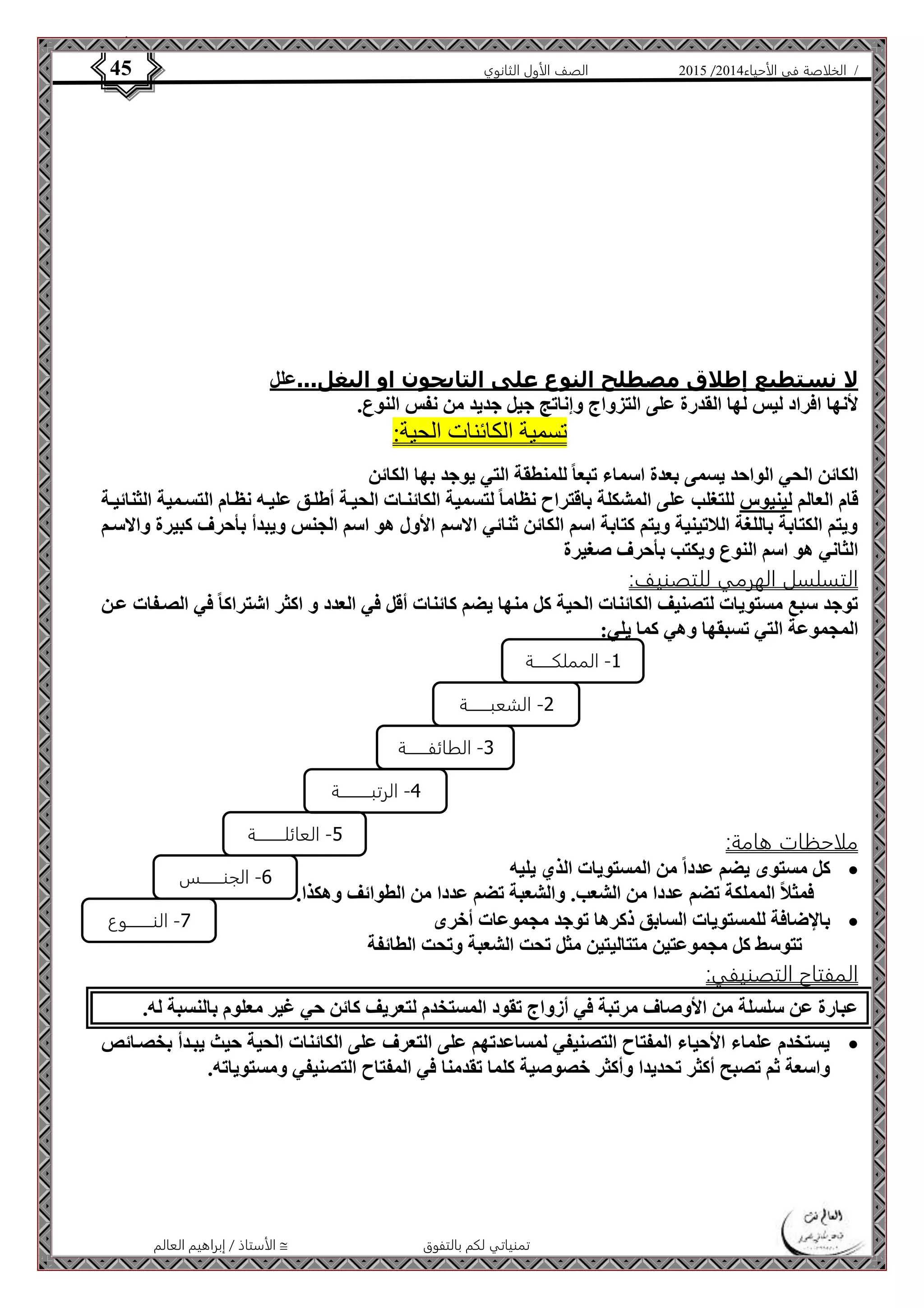 4102 الصف الأول الثانوي 45 / الخلاصة في الأحياء 4102  
لا نستطيع إطلاق مصطلح النوع على التايجون او البغل...علل 
لأنها افراد ليس لها القدرة على التزواج وإناتج جيل جديد من نفس النوع. 
تسمية الكائنات الحية: 
الكائن الحي الواحد يسمى بعدة اسماء تبعا للمنطقة التي يوجد بها الكائن 
قام العالم لينيوس للتغلب على المشكلة باقتراح نظاما لتسمية الكائنةات الحيةة أطلةق عليةه نظةام التسةمية الثنائيةة 
ويتم الكتابة باللغة اللاتينية ويتم كتابة اسم الكائن ثنائي الاسم الأول هو اسم الجنس ويبدأ بأحرف كبيرة والاسةم 
الثاني هو اسم النوع ويكتب بأحرف صغيرة 
التسلسل الهرمي للتصنيف: 
توجد سبع مستويات لتصنيف الكائنات الحية كل منها يضم كائنات أقل في العدد و اكثر اشتراكا في الصةفات عةن 
المجموعة التي تسبقها وهي كما يلي: 
-1 المملكــــــة 
-2 الشعبـــــــة 
-3 الطائفـــــــة 
-4 الرتبــــــــــة 
-6 الجنـــــــس 
الأستاذ / إبراهيم العالم  تمنياتي لكم بالتفوق 
ملاحظات هامة: 
كل مستوى يضم عدداً من المستويات الذي يليه  
فمثلاً المملكة تضم عددا من الشعب. والشعبة تضم عددا من الطوائف وهكذا. 
بالإضافة للمستويات السابق ذكرها توجد مجموعات أخرى  
تتوسط كل مجموعتين متتاليتين مثل تحت الشعبة وتحت الطائفة 
المفتاح التصنيفي: 
عبارة عن سلسلة من الأوصاف مرتبة في أزواج تقود المستخدم لتعريف كائن حي غير معلوم بالنسبة له. 
يستخدم علماء الأحياء المفتاح التصنيفي لمساعدتهم على التعرف على الكائنات الحية حيث يبةدأ بخصةائص  
واسعة ثم تصبح أكثر تحديدا وأكثر خصوصية كلما تقدمنا في المفتاح التصنيفي ومستوياته. 
-7 النــــــــوع 
-5 العائلـــــــــة 
 