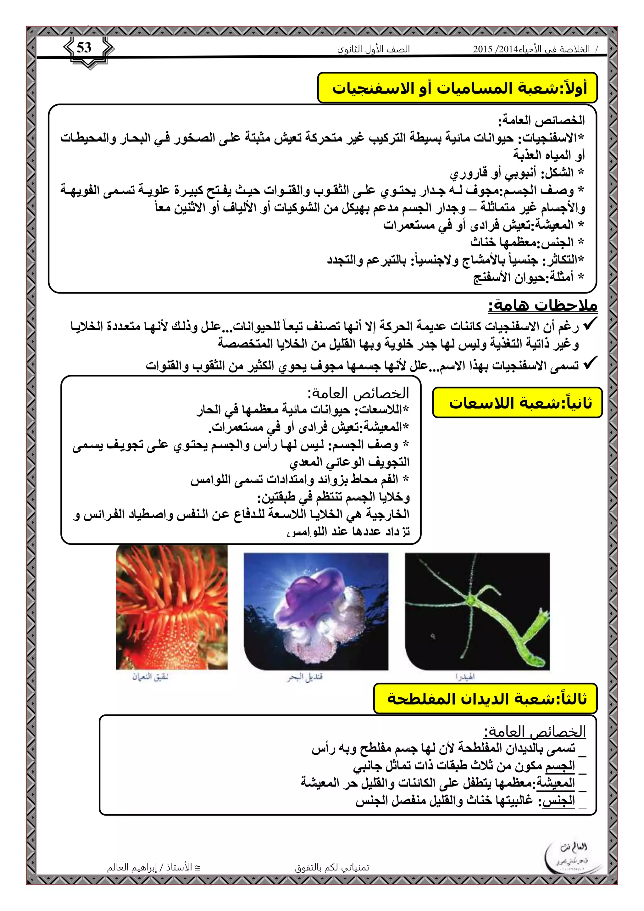 4102 الصف الأول الثانوي 53 / الخلاصة في الأحياء 4102  
أولاً:شعبة المساميات أو الاسفنجيات 
الخصائص العامة: 
*الاسفنجيات: حيوانات مائية بسيطة التركيب غير متحركة تعيش مثبتة علةى الصةخور فةي البحةار والمحيطةات 
أو المياه العذبة 
* الشكل: أنبوبي أو قاروري 
* وصةةف الجسةةم:مجوف لةةه جةةدار يحتةةوي علةةى الثقةةوب والقنةةوات حيةةث يفةةتح كبيةةرة علويةةة تسةةمى الفويهةةة 
والأجسام غير متماثلة – وجدار الجسم مدعم بهيكل من الشوكيات أو الألياف أو الاثنين معا * المعيشة:تعيش فرادى أو في مستعمرات 
* الجنس:معظمها خناث 
*التكاثر: جنسيا بالأمشاج ولاجنسيا:ً بالتبرعم والتجدد 
* أمثلة:حيوان الأسفنج 
الأستاذ / إبراهيم العالم  تمنياتي لكم بالتفوق 
ملاحظات هامة: 
رغم أن الاسفنجيات كائنات عديمة الحركة إلا أنها تصةنف تبعةا للحيوانات...علةل وذلةك لأنهةا متعةددة الخلايةا  
وغير ذاتية التغذية وليس لها جدر خلوية وبها القليل من الخلايا المتخصصة 
تسمى الاسفنجيات بهذا الاسم...علل لأنها جسمها مجوف يحوي الكثير من الثقوب والقنوات  
الخصائص العامة: 
*اللاسعات: حيوانات مائية معظمها في الحار 
*المعيشة:تعيش فرادى أو في مستعمرات. 
* وصف الجسةم: لةيس لهةا رأس والجسةم يحتةوي علةى تجويةف يسةمى 
التجويف الوعائي المعدي 
* الفم محاط بزوائد وامتدادات تسمى اللوامس 
وخلايا الجسم تنتظم في طبقتين: 
الخارجية هي الخلايةا اللاسةعة للةدفاع عةن الةنفس واصةطياد الفةرائس و 
تزداد عددها عند اللوامس 
ثانياً:شعبة اللاسعات 
ثالثاً:شعبة الديدان المفلطحة 
الخصائص العامة: 
_ تسمى بالديدان المفلطحة لأن لها جسم مفلطح وبه رأس 
_ الجسم مكون من ثلاث طبقات ذات تماثل جانبي 
_ المعيشة:معظمها يتطفل على الكائنات والقليل حر المعيشة 
_ الجنس: غالبيتها خناث والقليل منفصل الجنس 
 