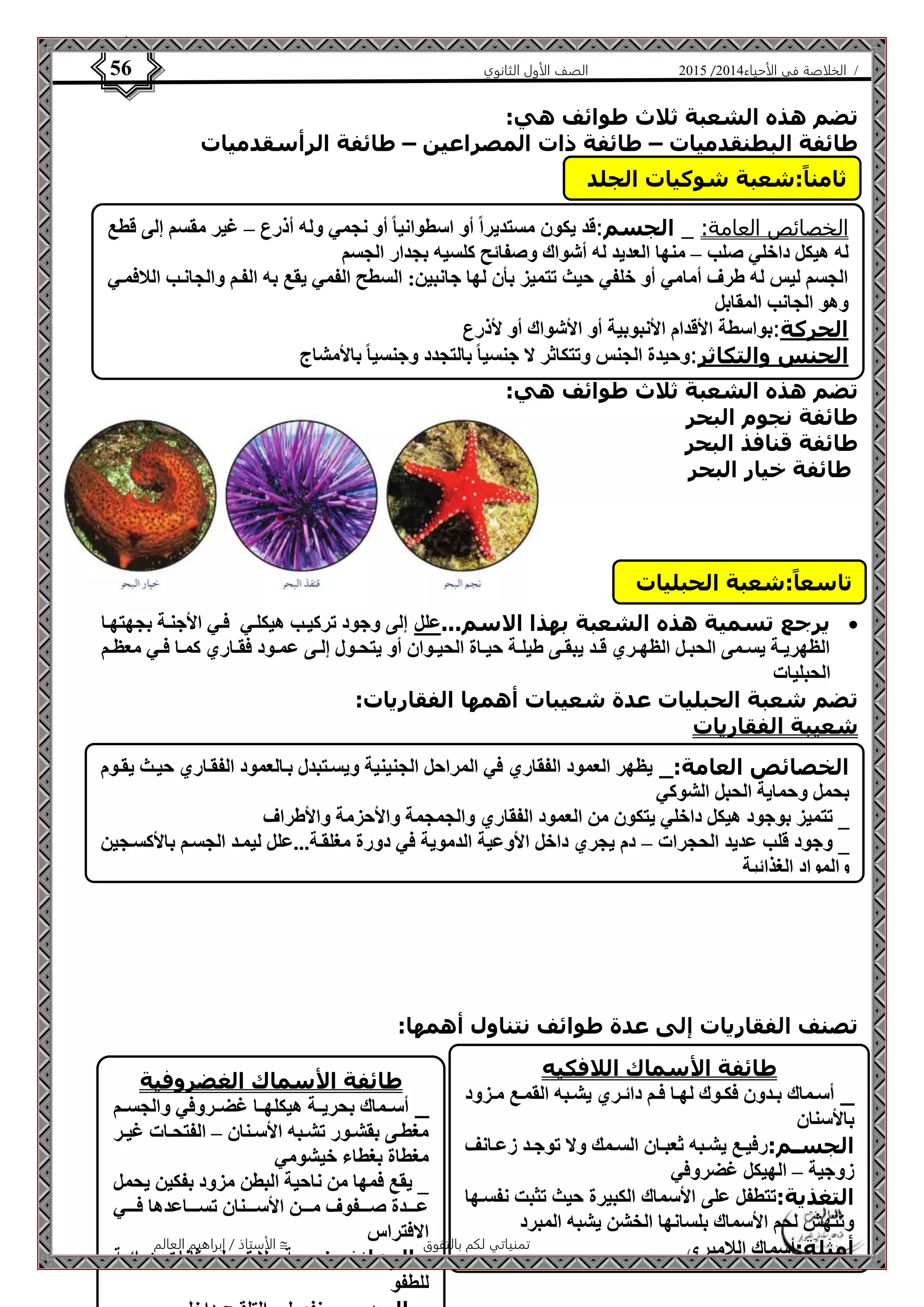 4102 الصف الأول الثانوي 56 / الخلاصة في الأحياء 4102  
تضم هذه الشعبة ثلاث طوائف هي: 
طائفة البطنقدميات – طائفة ذات المصراعين – طائفة الرأسقدميات 
ثامناً:شعبة شوكيات الجلد 
الخصائص العامة: _ الجسم:قد يكون مستديراً أو اسطوانيا أو نجمي وله أذرع – غير مقسم إلى قطع 
له هيكل داخلي صلب – منها العديد له أشواك وصفائح كلسيه بجدار الجسم 
الجسم ليس له طرف أمامي أو خلفي حيث تتميز بأن لها جانبين: السطح الفمي يقع به الفةم والجانةب اللافمةي 
وهو الجانب المقابل 
الحركة:بواسطة الأقدام الأنبوبية أو الأشواك أو لأذرع 
الجنس والتكاثر:وحيدة الجنس وتتكاثر لا جنسيا بالتجدد وجنسيا بالأمشاج 
تضم هذه الشعبة ثلاث طوائف هي: 
طائفة نجوم البحر 
طائفة قنافذ البحر 
طائفة خيار البحر 
تاسعاً:شعبة الحبليات 
يرجع تسمية هذه الشعبة بهذا الاسم...علل إلى وجود تركيةب هيكلةي فةي الأجنةة بجهتهةا  
الظهريةةة يسةةمى الحبةةل الظهةةري قةةد يبقةةى طيلةةة حيةةاة الحيةةوان أو يتحةةول إلةةى عمةةود فقةةاري كمةةا فةةي معظةةم 
الحبليات 
تضم شعبة الحبليات عدة شعيبات أهمها الفقاريات: 
شعيبة الفقاريات 
الخصائص العامة:_ يظهر العمود الفقاري في المراحل الجنينية ويسةتبدل بةالعمود الفقةاري حيةث يقةوم 
بحمل وحماية الحبل الشوكي 
_ تتميز بوجود هيكل داخلي يتكون من العمود الفقاري والجمجمة والأحزمة والأطراف 
_ وجود قلب عديد الحجرات – دم يجري داخل الأوعية الدموية في دورة مغلقةة...علل ليمةد الجسةم بالأكسةجين 
والمواد الغذائية 
تصنف الفقاريات إلى عدة طوائف نتناول أهمها: 
الأستاذ / إبراهيم العالم  تمنياتي لكم بالتفوق 
طائفة الأسماك اللافكيه 
_ أسةماك بةةدون فكةةوك لهةةا فةةم دائةري يشةبه القمةةع مةةزود 
بالأسنان 
الجســم:رفيةةع يشةبه ثعبةةان السةمك ولا توجةةد زعةةانف 
زوجية – الهيكل غضروفي 
التغذية:تتطفل على الأسماك الكبيرة حيث تثبت نفسةها 
وتنهش لحم الأسماك بلسانها الخشن يشبه المبرد 
أمثلة:أسماك اللامبري 
طائفة الأسماك الغضروفية 
_ أسةةماك بحريةةة هيكلهةةا غضةةروفي والجسةةم 
مغطةةى بقشةةور تشةةبه الأسةةنان – الفتحةةات غيةةر 
مغطاة بغطاء خيشومي 
_ يقع فمها من ناحية البطن مزود بفكين يحمل 
عةةةةدة صةةةةفوف مةةةةن الأسةةةةنان تسةةةةاعدها فةةةةي 
الافتراس 
_الزعانف زوجية ولا تحمل مثانات هوائية 
للطفو 
_ الجنس منفصل والتلقيح داخلي 
 