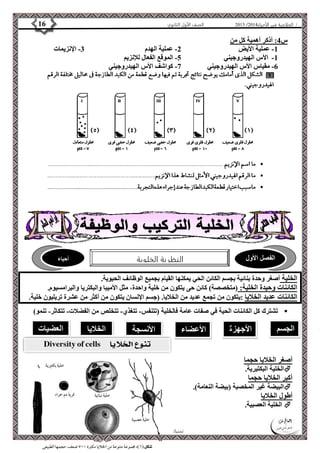 4102 الصف الأول الثانوي 16 / الخلاصة في الأحياء 4102  
الفصل الأول النظرية الخلوية أحياء 
الجسم الأجهزة الأعضاء الأنسجة الخلايا العضيات 
الأستاذ / إبراهيم العالم  تمنياتي لكم بالتفوق 
س 4: أذكر أهمية كل من 
-1 عملية الأيض 2- عملية الهدم 3- الإنزيمات 
-1 الأس الهيدروجيني 5- الموقع الفعال للإنزيم 
-6 مقياس الأس الهيدروجيني 7- كواشف الأس الهيدروجيني 
الخلية أصغر وحدة بنائية بجسم الكائن الحي يمكنها القيام بجميع الوظائف الحيوية. 
الكائنات وحيدة الخلية: )متخصصة( كائن حى يتكون من خلية واحدة، مثل الأميبا والبكتريا والبرامسيوم. 
الكائنات عديد الخلايا :يتكون من تجمع عديد من الخلايا. )جسم الإنسان يتكون من أكثر من عشرة تريليون خلية. 
تشترك كل الكائنات الحية في صفات عامة فالخلية )تتنفس- تتغذي- تتخلص من الفضلات- تتكاثر- تنمو(  
أصغر الخلايا حجما 
الخلية البكتيرية.  
أكبر الخلايا حجما 
البيضة غير المخصبة )بيضة النعامة(.  
أطول الخلايا 
الخلية العصبية.  
 