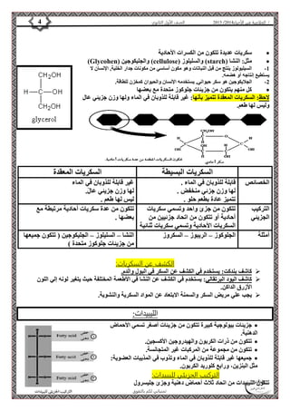4102 الصف الأول الثانوي 4 / الخلاصة في الأحياء 4102  
سكريات عديدة تتكون من الكسرات الأحادية  
(Glycohen) والجليكوجين (cellulose) والسليلوز (starch) مثل: النشا  
-1 السيليولوز ينتج من قبل النباتات وهو مكون أساسي من مكونات جدار الخلية, الإنسان لا 
يستطيع إنتاجه أو هضمه. 
-2 الجلايكوجين هو سكر حيواني, يستخدمه الإنسان والحيوان كمخزن للطاقة. 
كل منهم يتكون من جزيئات جلوكوز متحدة مع بعضها  
لاحظ: السكريات المعقدة تتميز بأنها: غير قابلة للذوبان في الماء ولها وزن جزيئي عال 
وليس لها طعم. 
السكريات البسيطة السكريات المعقدة 
الأستاذ / إبراهيم العالم  تمنياتي لكم بالتفوق 
الخصائص قابلة للذوبان في الماء . 
لها وزن جزئي منخفض . 
تتميز عادة بطعم حلو . 
غير قابلة للذوبان في الماء 
لها وزن جزيئي عالً. 
ليس لها طعم . 
التركيب 
الجزيئي 
تتكون من جزئ واحد وتسمي سكريات 
أحادية أو تتكون من اتحاد جزئيين من 
السكريات الأحادية وتسمي سكريات ثنائية 
تتكون من عدة سكريات أحادية مرتبطة مع 
بعضها . 
أمثلة الجلوكوز – الريبوز – السكروز النشا – السليلوز – الجليكوجين ) تتكون جميعها 
من جزيئات جلوكوز متحدة ( 
الكشف عن السكريات: 
كاشف بندكت: يستخدم في الكشف عن السكر في البول والدم.  
كاشف اليود البرتقالي: يستخدم في الكشف عن النشا في الأطعمة المختلفة حيث يتغير لونه إلي اللون  
الأزرق الداكن. 
يجب علي مريض السكر والسمنة الابتعاد عن المواد السكرية والنشوية.  
الليبيدات: 
جزيئات بيولوجية كبيرة تتكون من جزيئات أصغر تسمي الأحماض  
الدهنية. 
تتكون من ذرات الكربون والهيدروجين الأكسجين.  
تتكون من مجموعة من المركبات غير المتجانسة.  
جميعها غير قابلة للذوبان في الماء وتذوب في المذيبات العضوية:  
مثل البنزين، ورابع كلوريد الكربون. 
التركيب الجزيئي لليبيدات: 
تتكون الليبيدات من اتحاد ثلاث أحماض دهنية وجزئ جليسرول 
 