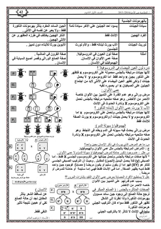 4102 الصف الأول الثانوي 42 / الخلاصة في الأحياء 4102  
بالهرمونات الجنسية 
سيادة الجينات يسود احد الجينين علي الأخر سيادة تامة الجين السائد المفرد يتأثر بهرمونات الذكورة 
فقط ، ولا يعبر عن نفسه في الأنثى . 
الفرد الهجين الإناث فقط الذكر الهجين يختلف في طرزه المظهرى عن 
الأنثى الهجين . 
توريث الجينات الأب يورث لبناته فقط ، والأم تورث 
الأستاذ / إبراهيم العالم  تمنياتي لكم بالتفوق 
للجنسين 
الأبوين يورثا للأبناء دون تمييز . 
أمثلة صفة لون العيون في الدروسوفيلا. 
صفة عمى الألوان في الإنسان. 
الهيموفيليا في الإنسان . 
صفة القرون في الماشية . 
صفة الصلع الوراثي وقصر أصبع السبابة في 
الإنسان . 
ندره لون العين البيضاء فى الدروسوفيلا ؟ 
فتظهر x لأنها جينات مرتبطة بالجنس محمولة على الكروموسوم 
لا يحمل y واحد فقط اما الكروموسوم x على الذكور بجين 
جينات / ولكى تظهر العين البيضاء على الأنثى لابد من اجتماع 
اى بصوره نقيه x الجينين على الصبغيان 
عمى الألوان : 
مرض وراثي وهو عدم القدرة على التمييز بين الألوان خاصة 
الأحمر من الأخضر. وهو صفه متنحيه مرتبطه بالجنس تحمل 
ونادرة الحدوث فى الإناث X على الكروموسوم 
الأب لا يورث عمى الألوان لأبنائه الذكور ؟ 
اما x لانها جينات مرتبطة بالجنس وتحمل على الكروموسوم 
يورث الصفة x لا يحمل جينات / والكروموسوم y الكروموسوم 
للإناث فقط 
الهيموفليا ) سيولة الدم (: 
مرض وراثى يحدث فيه سيوله فى الدم وبطء فى التجلط وهو 
ونادرة X صفه متنحيه مرتبطه بالجنس تحمل على الكروموسوم 
الحدوث فى الاناث 
س: ما هو المرض الذي يورث في ذكر الإنسان بجين واحد؟ 
ج : الأمراض المرتبطة بالجنس مثل عمى الألوان والهيموفيليا. 
س علل : عدم وجود ذكور حاملة لمرض الهيموفيليا ) سيولة الدم( ولا عمى الألوان . 
فقوط ، أموا X * لأنها صفات مرتبطة بالجنس وتحمل جيناتها على الكروموسووم الجنسوي 
فوولا يحموول البووديل )الجووين( المقابوول . وحيووث أن التركيووب الصووبغي الجنسووي (y) الصووبغي 
فهو إما أن يكون سوليم أو يكوون مريضوا ) مصوابا ( فوجوود جوين واحود (XY) للذكر هو 
فقووط لديووه يظهوور الصووفة.. امووا فووي الإنوواث فقووط فهووي إمووا سووليمة أو حاملووة للموورض أو 
مريضة . 
علل لا يستطيع الأفراد المصابة بمرض عمى الألوان التقيد بإشارات المرور؟؟ 
بسبب عدم قدرتهم على التمييوز بوين الالووان 
خاصه الاحمر من الاخضر 
الصفات المتأثره بالجنس : ) الصلع المبكر فى الانسان ( 
ترجع حالة الصلع إلى وجود جين سائد مسوؤل عن تساقط الشعر يتأثر 
بهرمونات الذكورة وإذا نظرنا إلى الشكل المقابل نجد أن حالة الصلع 
تظهر في الذكور فقط سواء كان التركيب الجيني نقي أو هجين نتيجة تأثير 
هرمونات الذكورة 
بينما في الإناث لا تتاثر إلا بالتركيب الجيني النقي فقط. 
 