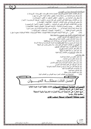 4102 الصف الأول الثانوي 52 / الخلاصة في الأحياء 4102  
الفصل الثالث:مملكــــــة الحيـــــــــوان 
الأستاذ / إبراهيم العالم  تمنياتي لكم بالتفوق 
اخترالاجابة الصحيحة مما بين القوسين 
0( كل الكائنات التالية لاتخصع للتصنيف الحديث ماعدا ) القيرسات / الفيرويدات / البريونات ( ( 
4( يتركب جسم البدائيات من .) خلية واحدة / خليتين / خلايا عديدة / لاشى مما سبق ( ( 
3( يخلو جدار البدائيات من ...) السليلور / البكتين /السليلوز او الكتين / السيتوبلازم ( ( 
2( من الكائنات وحيدة الخلية التى لاتحتوى على غشاء نووى .) البكتيريا / اليوجلينا/ التريبانوسوما / الاميبا ( ( 
2( ينتمى النوستوك الى عالم ) النباتات / البدائيات / الطلائعيات / الفطريات ( ( 
6( من امثلة الكائنات الحية التى تنتمى الى البدائيات ...) البكتيريا / الخميرة /الاميبا / البراميسيوم ( ( 
7( تتكاثر .......جنسيا ولاجنسيا ) البدائيات / الاوليات الحيوانية / الطحالب الذهبية / الطلائعيات ( ( 
8( تصنف شعبة الاوليات الحيوانية الى ..........طوائف حسب وسيلة الحركة )ثلاث/اربع / خمس/ تسع ( ( 
4( تنتمى الاميبا الى طائفة ...........) اللحميات / الهدبيات / السوطيات / الجرثوميات ( ( 
01 ( تنتمى .....الى شعبة الاوليات الحيوانية ) طائفة الهدبيات / طائفة الجرثوميات / طائفة السوطيات/ جمع ما سبق ( ( 
اعد كتابة العبارات الاتية بعد تصويب ما تحتة خط 
0( وضع العالم فيتكر نظام التصنيف التقليدى ( 
4( صنف العالم كارل لينيوس الكائيات الحية الى ثلاث ممالك ( 
3( تصنف شعبة الاوليات الحيوانية الى اربع طوائف حسب نوع التغذية ( 
2( يتحرك البراميسيوم بواسطة الأقدام الكاذبة بينما تتحرك التريبانوسوما بواسطة الاسواط ( 
2( الفيوكس من الطحالب الذهبية التى تتميز بجدار سبة زجاجى يحتوى على السيليكا ( 
6( من امثلة الفطريات وحيدة الخلية فطر البنسليوم ( 
7( يتكاثر فطر البنسليوم لاجنسيا بالتبرعم ( 
8( عفن الخبز من شعبة الفطريات الزقية ( 
4( طحلب البوليسفونيا من الطحالب وحيدة الخلية ( 
علل لما ياتى 
0( تعتبر البكتريا من الخلايا اولية النواة. ( 
4( تصنف البكتريا ضمن البدائيات . ( 
3( وجود الاسواط فى التريبانوسوما واليوجلينا ( 
2( تسبب بعض الاوليات الحيوانية امراضا خطيرة للانسان ( 
2( قدرة اليوجلينا على القيام بعملية البناء الضوئى ( 
6( اليوجلينا كائن حى يحمل مزيجا من الصفات النباتية والحيوانية ( 
7( للدياتومات اهمية اقتصادية عالية ( 
8( للبنسليوم اهمية طبية ( 
4( توجد الطحالب بالوان مختلفة ( 
01 ( البوليسفونيا من الطحالب الحمراء بينما الفيوكس من الطحالب البنية. ( 
المميزات العامة لمملكة الحيوان: كائنات حقيقية النواة عديدة الخلايا 
_ لديها المقدرة على الحركة والانتقال 
_ لديها المقدرة على الاستجابة السريعة للمؤثرات الخارجية بالبيئة المحيطة 
_ معظمها يتكاثر جنسيا تضم مملكة الحيوان تسعة شعب هي 
 