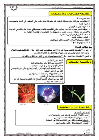 4102 الصف الأول الثانوي 53 / الخلاصة في الأحياء 4102  
أولاً:شعبة المساميات أو الاسفنجيات 
الخصائص العامة: 
*الاسفنجيات: حيوانات مائية بسيطة التركيب غير متحركة تعيش مثبتة علةى الصةخور فةي البحةار والمحيطةات 
أو المياه العذبة 
* الشكل: أنبوبي أو قاروري 
* وصةةف الجسةةم:مجوف لةةه جةةدار يحتةةوي علةةى الثقةةوب والقنةةوات حيةةث يفةةتح كبيةةرة علويةةة تسةةمى الفويهةةة 
والأجسام غير متماثلة – وجدار الجسم مدعم بهيكل من الشوكيات أو الألياف أو الاثنين معا * المعيشة:تعيش فرادى أو في مستعمرات 
* الجنس:معظمها خناث 
*التكاثر: جنسيا بالأمشاج ولاجنسيا:ً بالتبرعم والتجدد 
* أمثلة:حيوان الأسفنج 
الأستاذ / إبراهيم العالم  تمنياتي لكم بالتفوق 
ملاحظات هامة: 
رغم أن الاسفنجيات كائنات عديمة الحركة إلا أنها تصةنف تبعةا للحيوانات...علةل وذلةك لأنهةا متعةددة الخلايةا  
وغير ذاتية التغذية وليس لها جدر خلوية وبها القليل من الخلايا المتخصصة 
تسمى الاسفنجيات بهذا الاسم...علل لأنها جسمها مجوف يحوي الكثير من الثقوب والقنوات  
الخصائص العامة: 
*اللاسعات: حيوانات مائية معظمها في الحار 
*المعيشة:تعيش فرادى أو في مستعمرات. 
* وصف الجسةم: لةيس لهةا رأس والجسةم يحتةوي علةى تجويةف يسةمى 
التجويف الوعائي المعدي 
* الفم محاط بزوائد وامتدادات تسمى اللوامس 
وخلايا الجسم تنتظم في طبقتين: 
الخارجية هي الخلايةا اللاسةعة للةدفاع عةن الةنفس واصةطياد الفةرائس و 
تزداد عددها عند اللوامس 
ثانياً:شعبة اللاسعات 
ثالثاً:شعبة الديدان المفلطحة 
الخصائص العامة: 
_ تسمى بالديدان المفلطحة لأن لها جسم مفلطح وبه رأس 
_ الجسم مكون من ثلاث طبقات ذات تماثل جانبي 
_ المعيشة:معظمها يتطفل على الكائنات والقليل حر المعيشة 
_ الجنس: غالبيتها خناث والقليل منفصل الجنس 
 