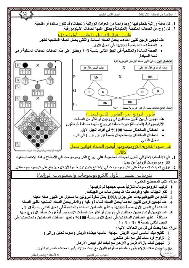 4102 الصف الأول الثانوي 32 / الخلاصة في الأحياء 4102  
1. كل صفة وراثية يتحكم فيها زوجا واحدا من العوامل الوراثية )الجينا...