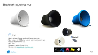 63
Bluetooth-колонка №3
Цвет: черный, белый, красный, синий, желтый;
При тираже от 2000 штук можно кастомизировать цвет
Размер: 104*104*107 мм.
Вес: 530 г.
Мощность звука: более 85db
Нанесение: гравировка, тампопечать
GiftsPro.ru
50 шт.
 