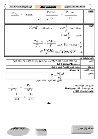 رب اشرح لي صدري * ويسر لي امري 
117 
فى الفيزياء 2 ث ع 2651 Mr. Sharaf 65556201110 الموجز 
القانون 
 
لاثبات 
من قانون بويل : 
1 
Vol 
P 
VolT : ومن قانون شارل  
ol فيكون  
T 
P 
V  
ol CONST 
T 
P 
فيكون V  
1( ) 1( 
1 1 
P VOL P VOL 
T T 
 
يكون : 
pVOL CONST 
T 
 
ثابت العام للغازات 
الن :- كمية الطاقة الحرارية اللازمة لرفع درجة حرارة مول واحد من الغاز درجة واحدة كلفنية 
8.31 J/mol.ok ويساوى 
خد بالك حاصل ضرب الضغط * الحجم = الشغل 
J/mol.ok وحدة القياس 
القانون 
R PVol 
nT 
 
القانون العام للغازات بدلالات اخري 
لقانون العام بدلالة الكثافة :- 
عند ثبوت الكتلة فاننا نعوض بالعلاقة 
القانون العام بدلالة الكتلة :- 
علل 
T 
P Vol 
= Const. 
P 1 (Vol) 1 
T 1 
= 
P 2 (Vol) 2 
T 2 
P 1 
1T 1 
= 
P 2 
2T 2 
P 1 
m1T 1 
= 
P 2 
m2T 2 
 