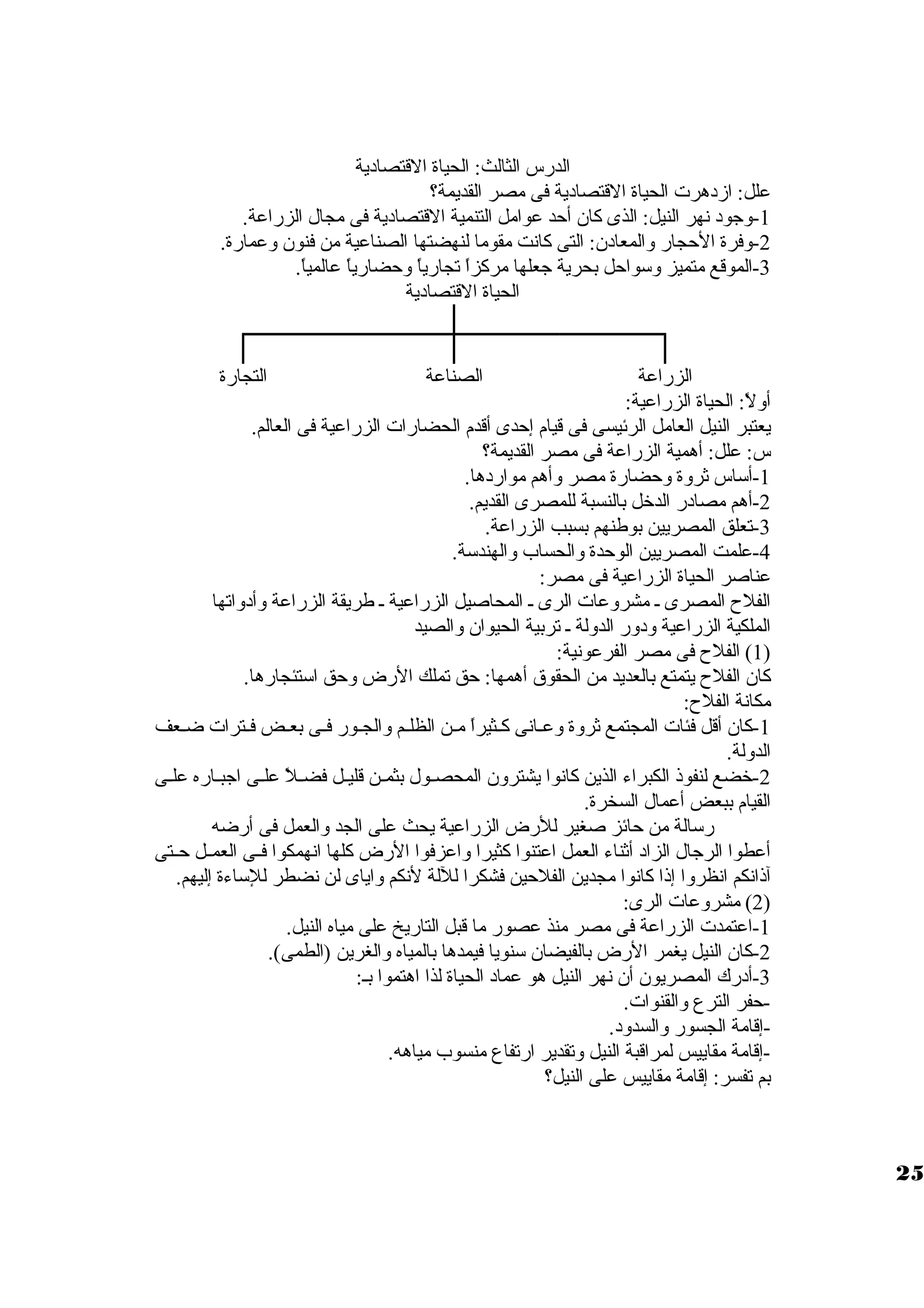 الدرس الثالث: الحياة القتصادية 
علل: ازمدهرت الحياة القتصادية فى مصر القديمة؟ 
-1 ولجود نهر النيل: الذى كان أحد عوامل التنمية القتصادية فى مجال الزراعة. 
-2 ولفرة الحجار ولالمعادن: التى كانت مقوما لنهضتها الصناعية من فنون ولعمارة. 
-3 الموقع متميز ولسواحل بحرية جعلها مركزاً، تجارياً، ولحضارياً، عالمياً،. 
الحياة القتصادية 
الزراعة الصناعة التجارة 
أوللً،: الحياة الزراعية: 
يعتبر النيل العامل الرئيسى فى قيام إحدى أقدم الحضارات الزراعية فى العالم. 
س: علل: أهمية الزراعة فى مصر القديمة؟ 
-1 أساس ثرولة ولحضارة مصر ولأهم مواردها. 
-2 أهم مصادر الدخل بالنسبة للمصرى القديم. 
-3 تعلق المصريين بوطنهم بسبب الزراعة. 
-4 علمت المصريين الوحدة ولالحساب ولالهندسة. 
عناصر الحياة الزراعية فى مصر: 
الفلح المصرى ظ مشرولعات الرى ظ المحاصيل الزراعية ظ طريقة الزراعة ولأدولاتها 
الملكية الزراعية ولدولر الدوللة ظ تربية الحيوان ولالصيد 
1) الفلح فى مصر الفرعونية: ) 
كان الفلح يتمتع بالعديد من الحقوق  أهمها: حق تملك الرض ولحق استئجارها. 
مكانة الفلح: 
-1 كان أقل فئات المجتمع ثرولة ولعظانى كظظثيراً، مظن الظلظظم ولالجظور فظظى بعظض فظظترات ضظعف 
الدوللة. 
-2 خضع لنفوذ الكبراء الذين كانوا يشترولن المحصظول بثمظن قليظل فضظلً، علظى اجبظاره علظى 
القيام ببعض أعمال السخرة. 
رسالة من حائز صغير للرض الزراعية يحث على الجد ولالعمل فى أرضه 
أعطوا الرجال الزاد أثناء العمل اعتنوا كثيرا ولاعزفوا الرض كلها انهمكوا فظظى العمظظل حظظتى 
آذانكم انظرولا إذا كانوا مجدين الفلحين فشكرا لللة لنكم ولاياى لن نضطر للساءة إليهم. 
2) مشرولعات الرى: ) 
-1 اعتمدت الزراعة فى مصر منذ عصور ما قبل التاريخ على مياه النيل. 
-2 كان النيل يغمر الرض بالفيضان سنويا فيمدها بالمياه ولالغرين (الطمى). 
-3 أدرك المصريون أن نهر النيل هو عماد الحياة لذا اهتموا بظ: 
-حفر الترع ولالقنوات. 
-إقامة الجسور ولالسدولد. 
-إقامة مقاييس لمراقبة النيل ولتقدير ارتفاع منسوب مياهه. 
بم تفسر: إقامة مقاييس على النيل؟ 
25 
 